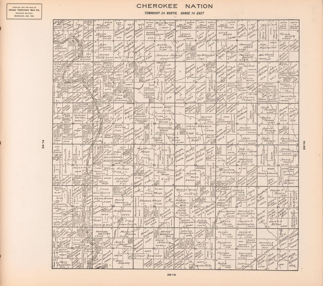 Township 24 North, Range 14 East from Cherokee Nation 1909 by Relic Map Company