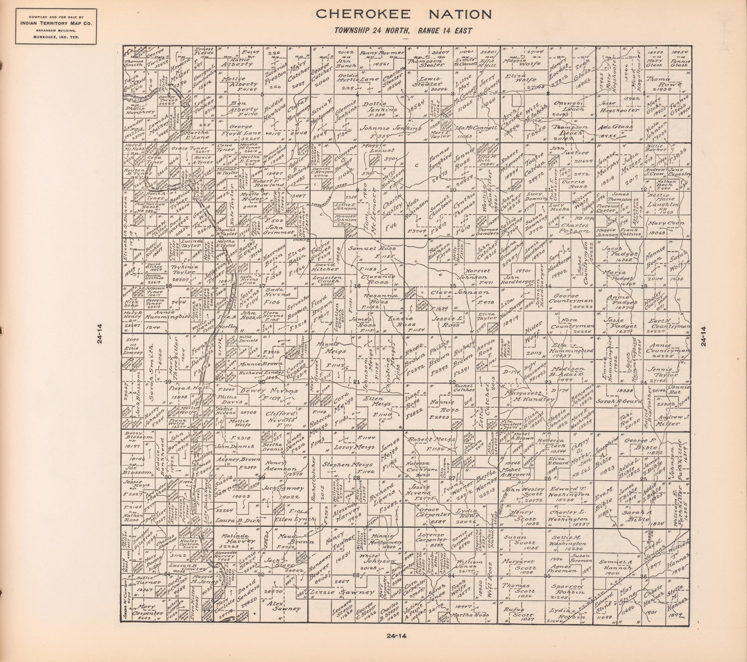 Township 24 North, Range 14 East from Cherokee Nation 1909 by Relic Map Company