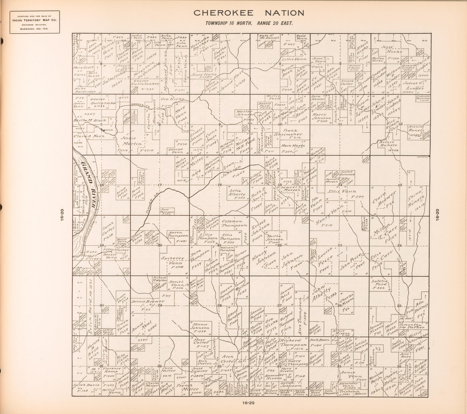 Township 16 North, Range 20 East from Cherokee Nation 1909 by Relic Map Company
