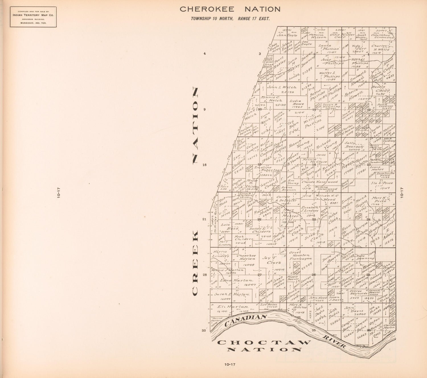 Township 10 North, Range 17 East from Cherokee Nation 1909 by Relic Map Company