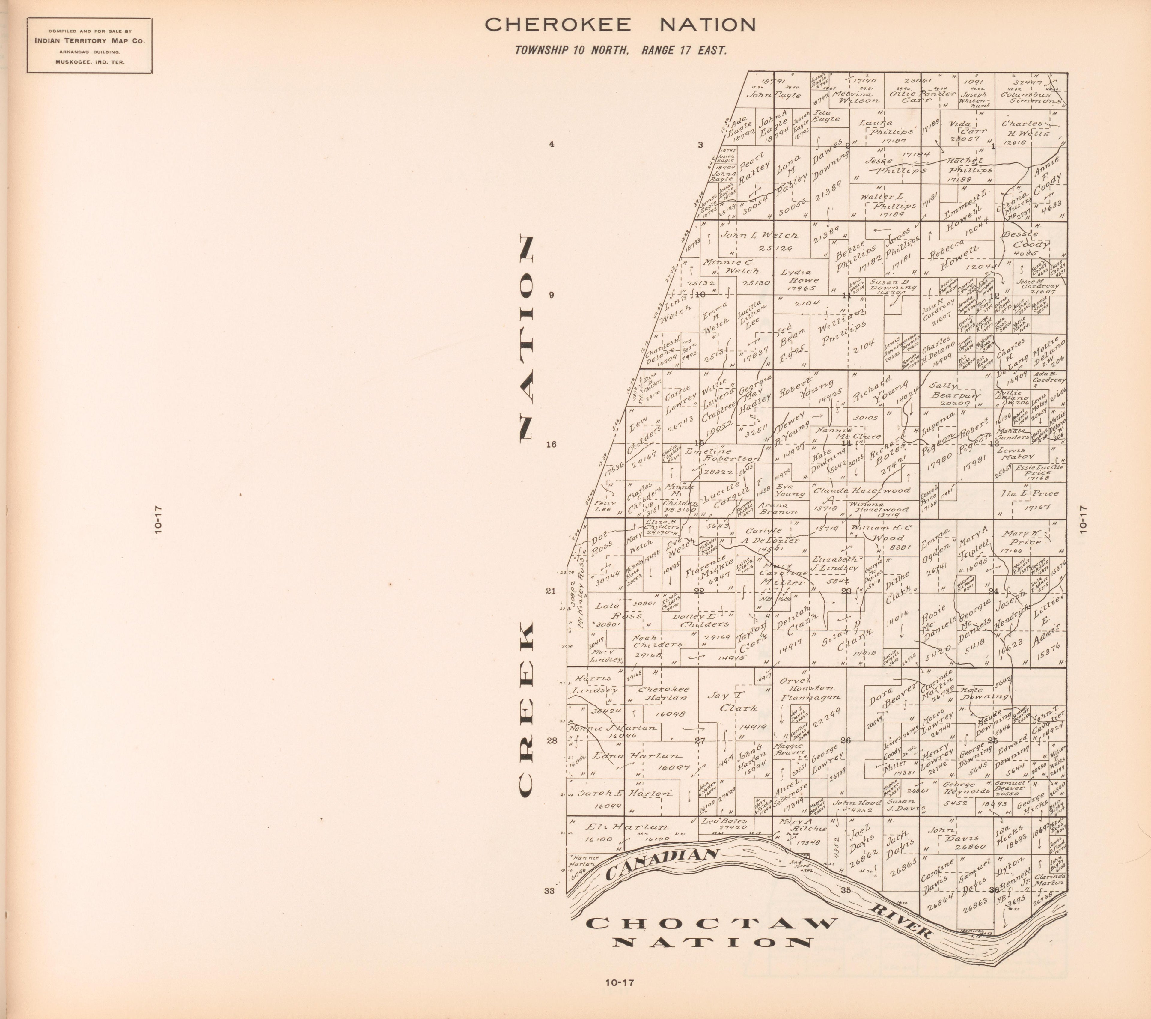 Township 10 North, Range 17 East from Cherokee Nation 1909 by Relic Map Company