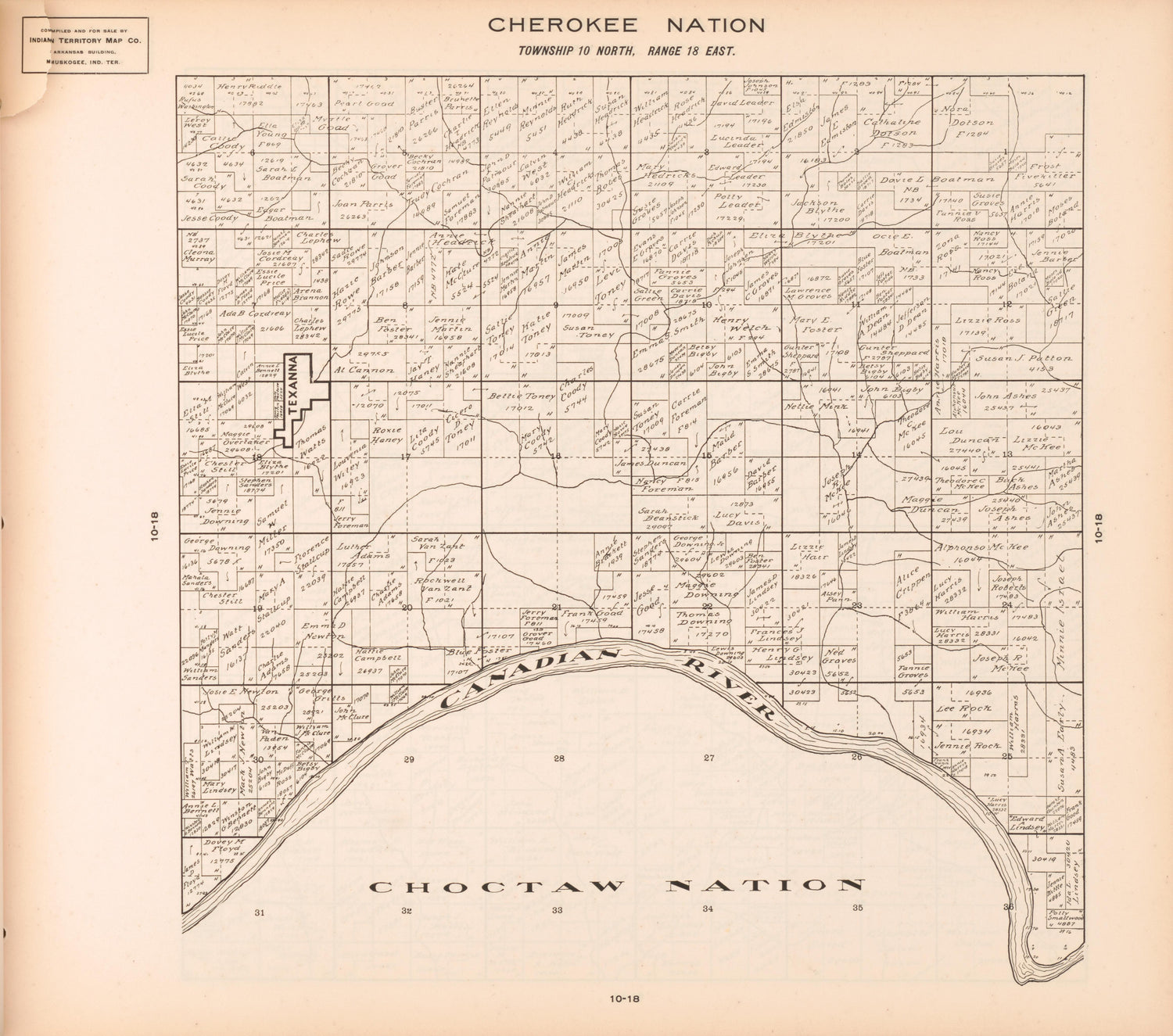 Township 10 North, Range 18 East from Cherokee Nation 1909 by Relic Map Company