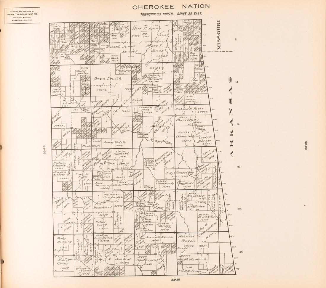 Township 23 North, Range 25 East from Cherokee Nation 1909 by Relic Map Company