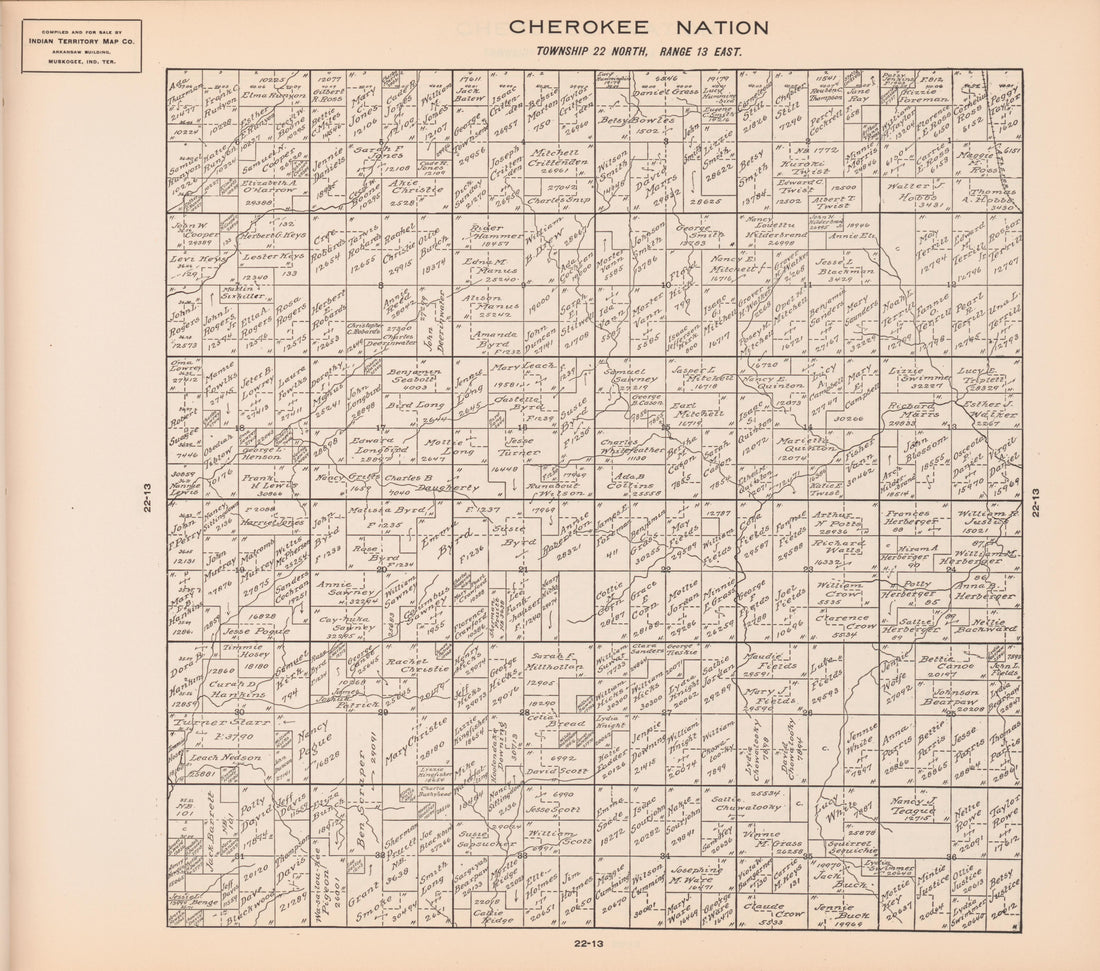 Township 22 North, Range 13 East from Cherokee Nation 1909 by Relic Map Company