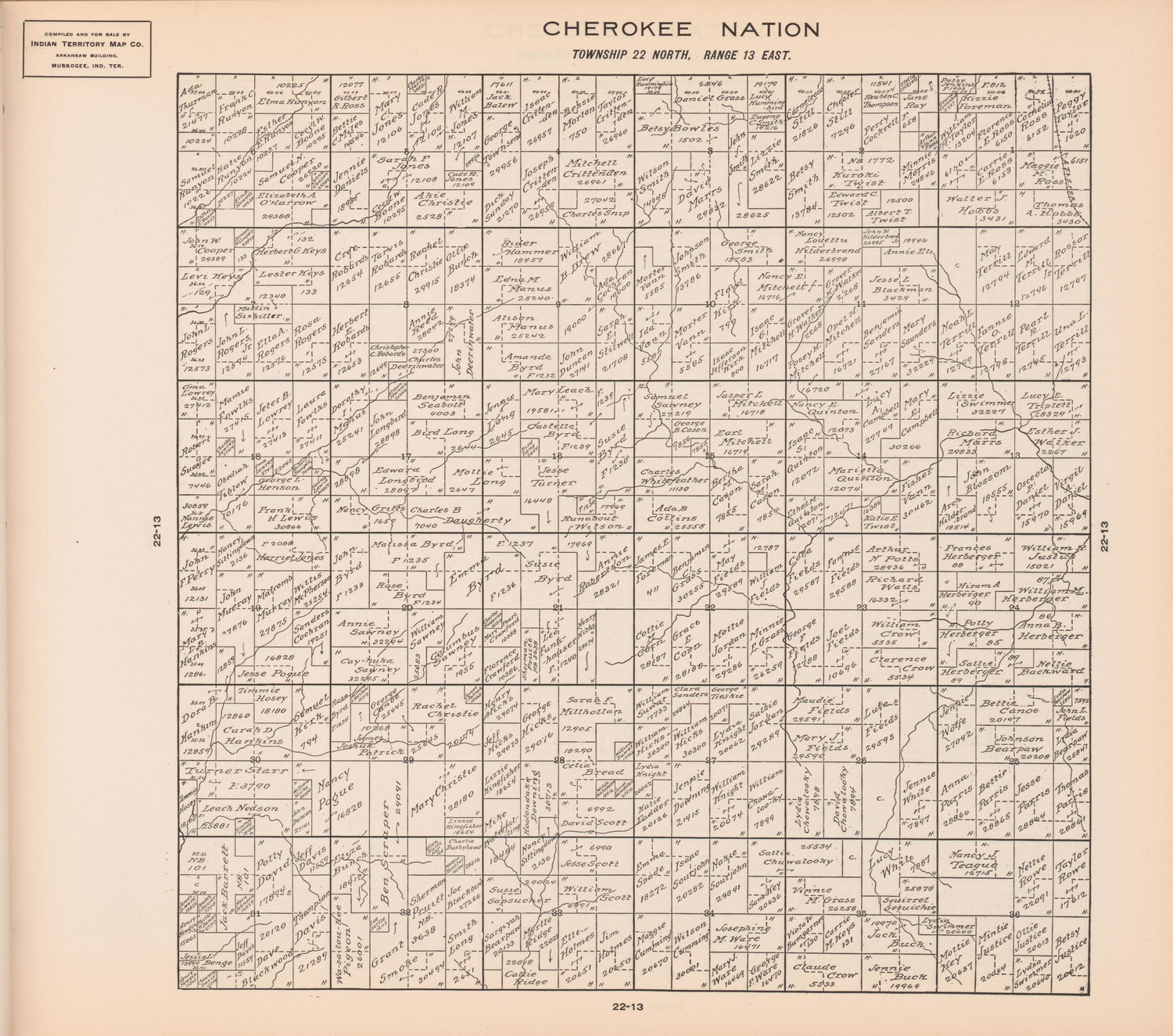 Township 22 North, Range 13 East from Cherokee Nation 1909 by Relic Map Company