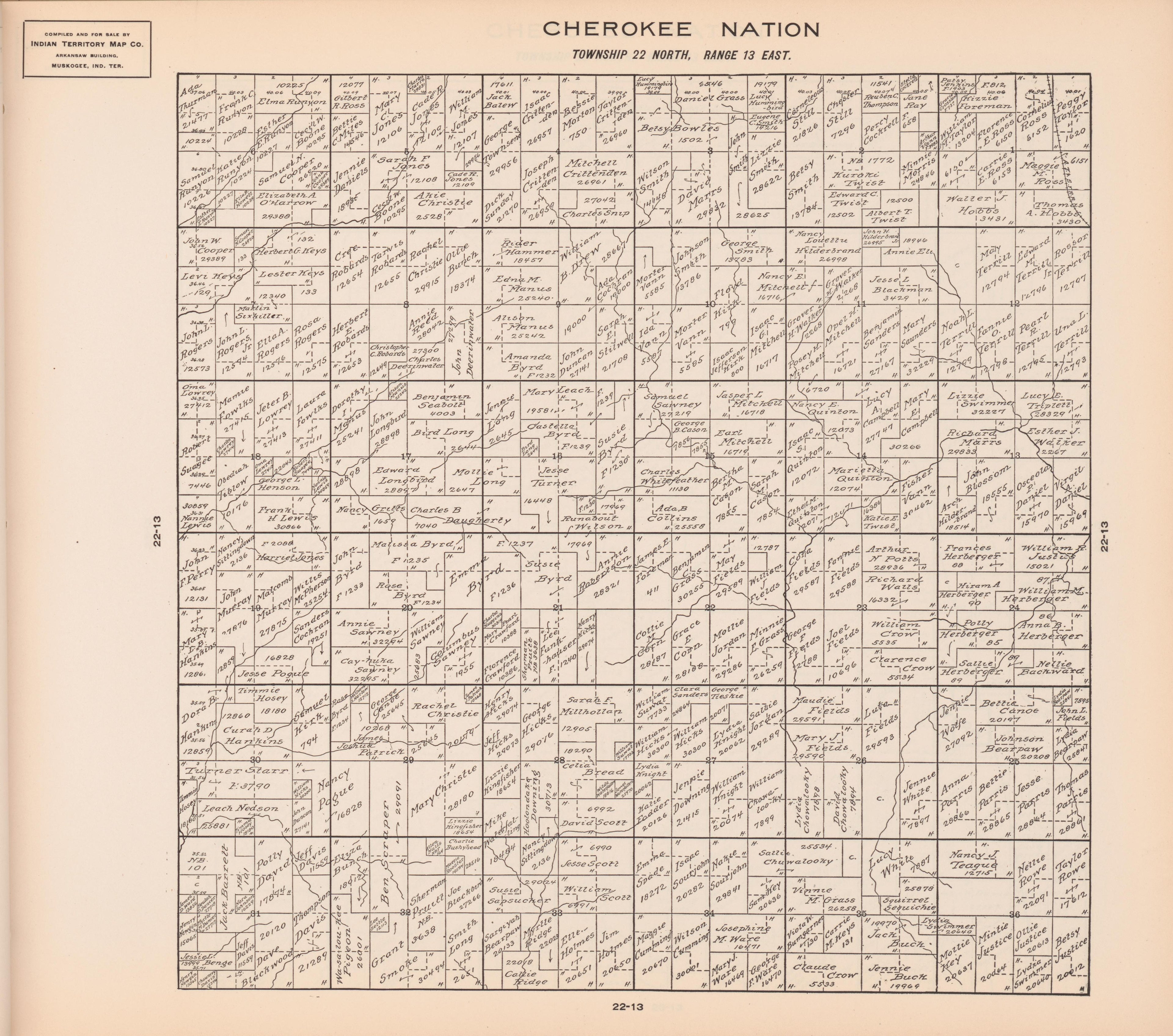 Township 22 North, Range 13 East from Cherokee Nation 1909 by Relic Map Company