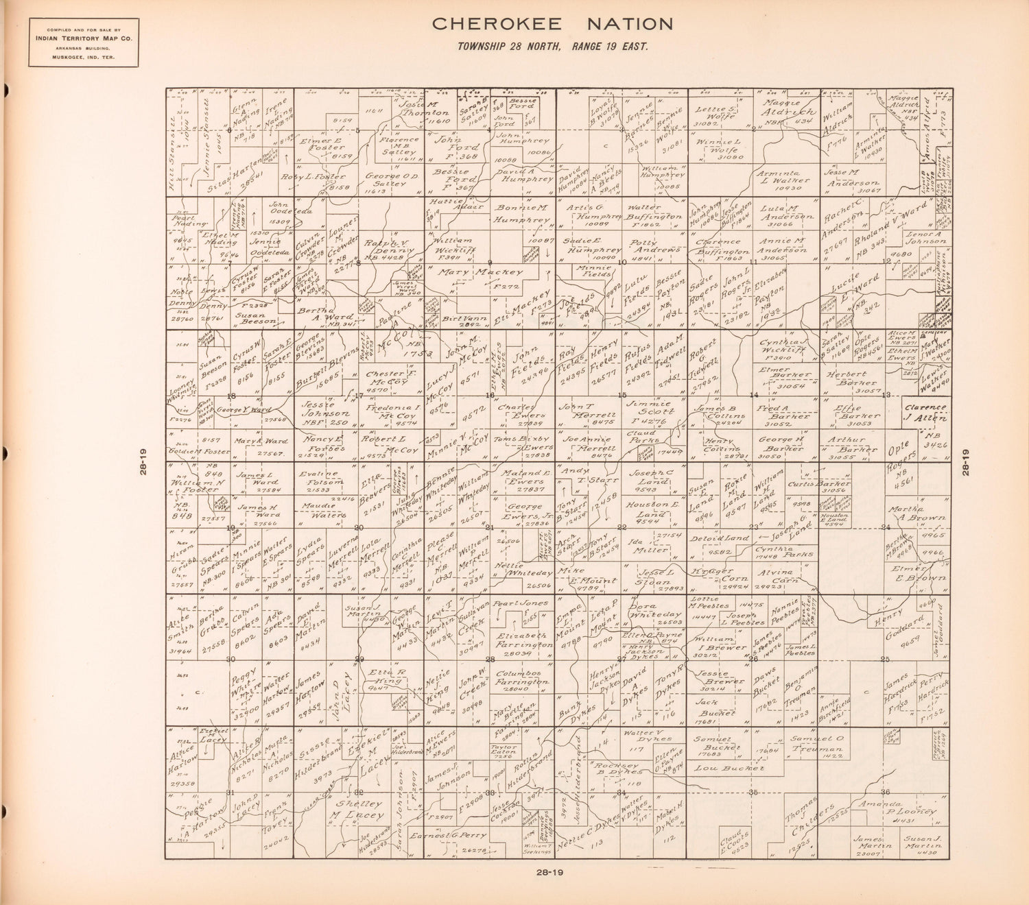 Township 28 North, Range 19 East from Cherokee Nation 1909 by Relic Map Company