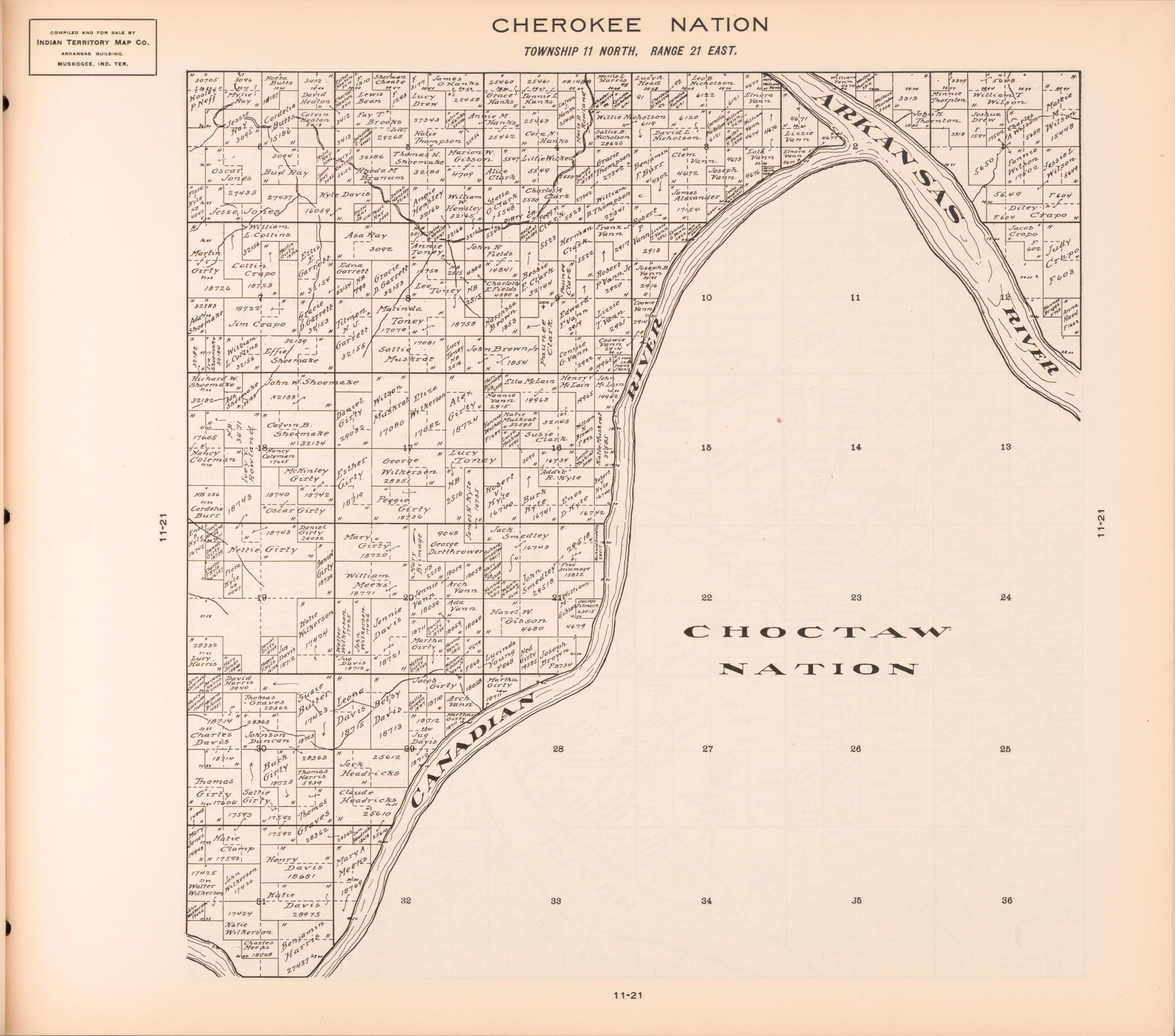 Township 11 North, Range 21 East from Cherokee Nation 1909 by Relic Map Company