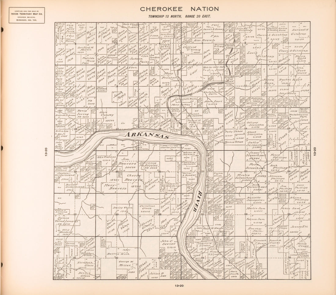 Township 13 North, Range 20 East from Cherokee Nation 1909 by Relic Map Company
