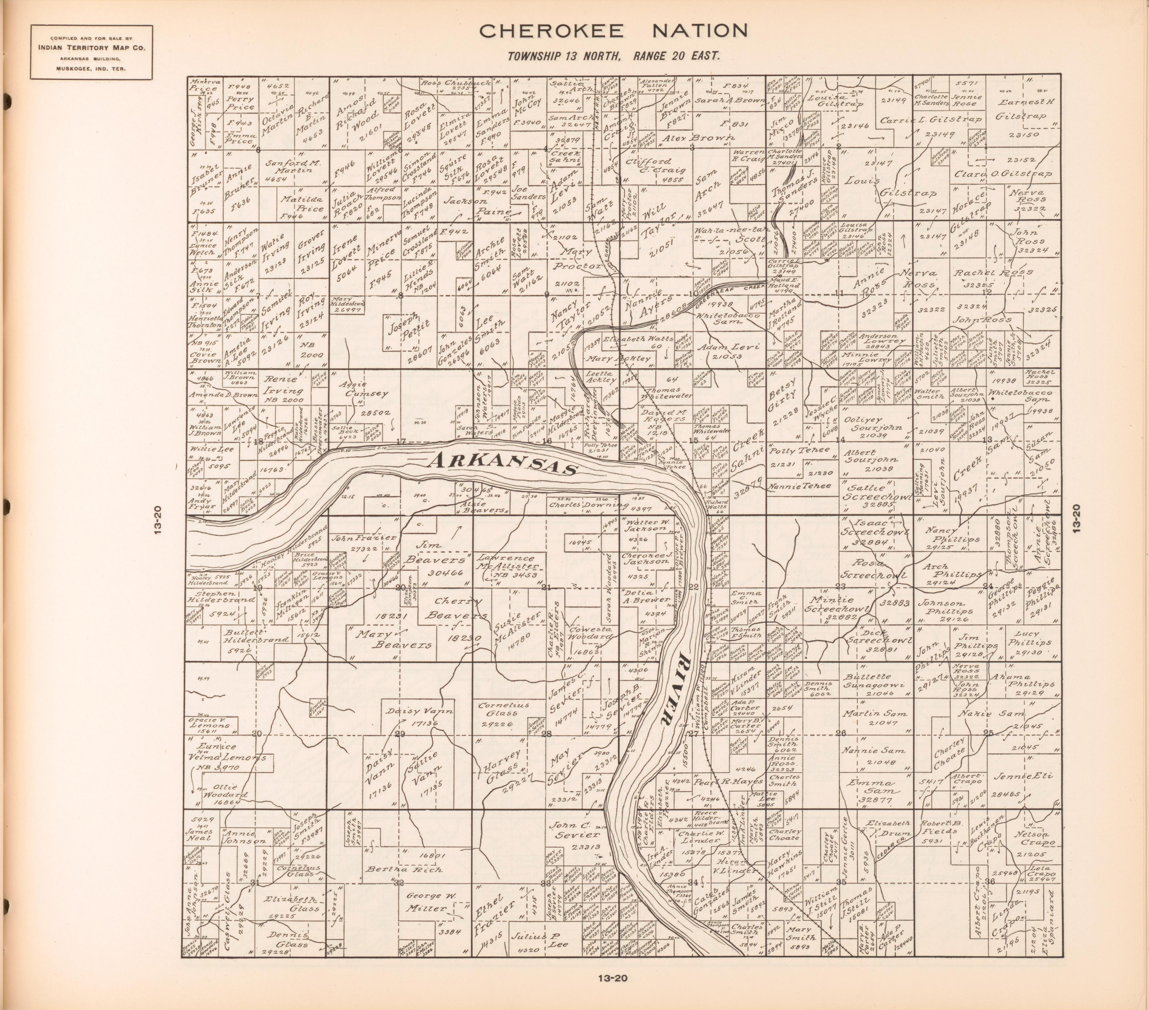 Township 13 North, Range 20 East from Cherokee Nation 1909 by Relic Map Company