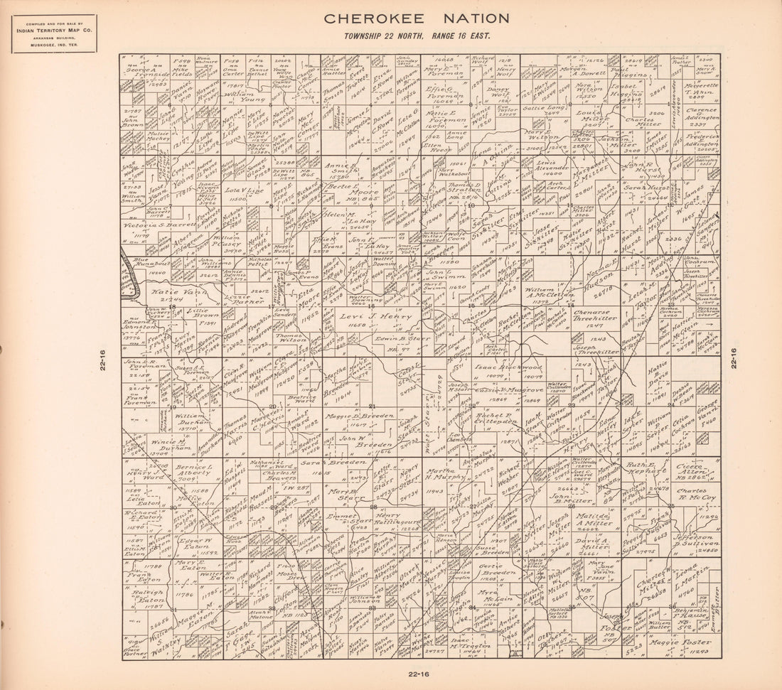 Township 22 North, Range 16 East from Cherokee Nation 1909 by Relic Map Company