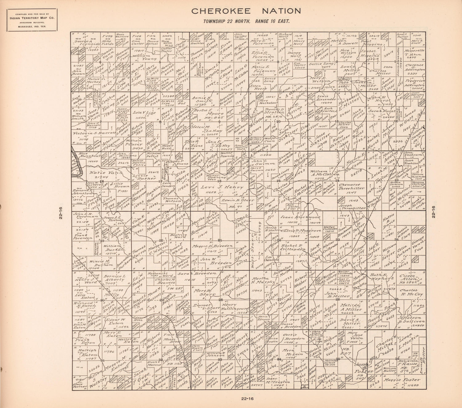 Township 22 North, Range 16 East from Cherokee Nation 1909 by Relic Map Company