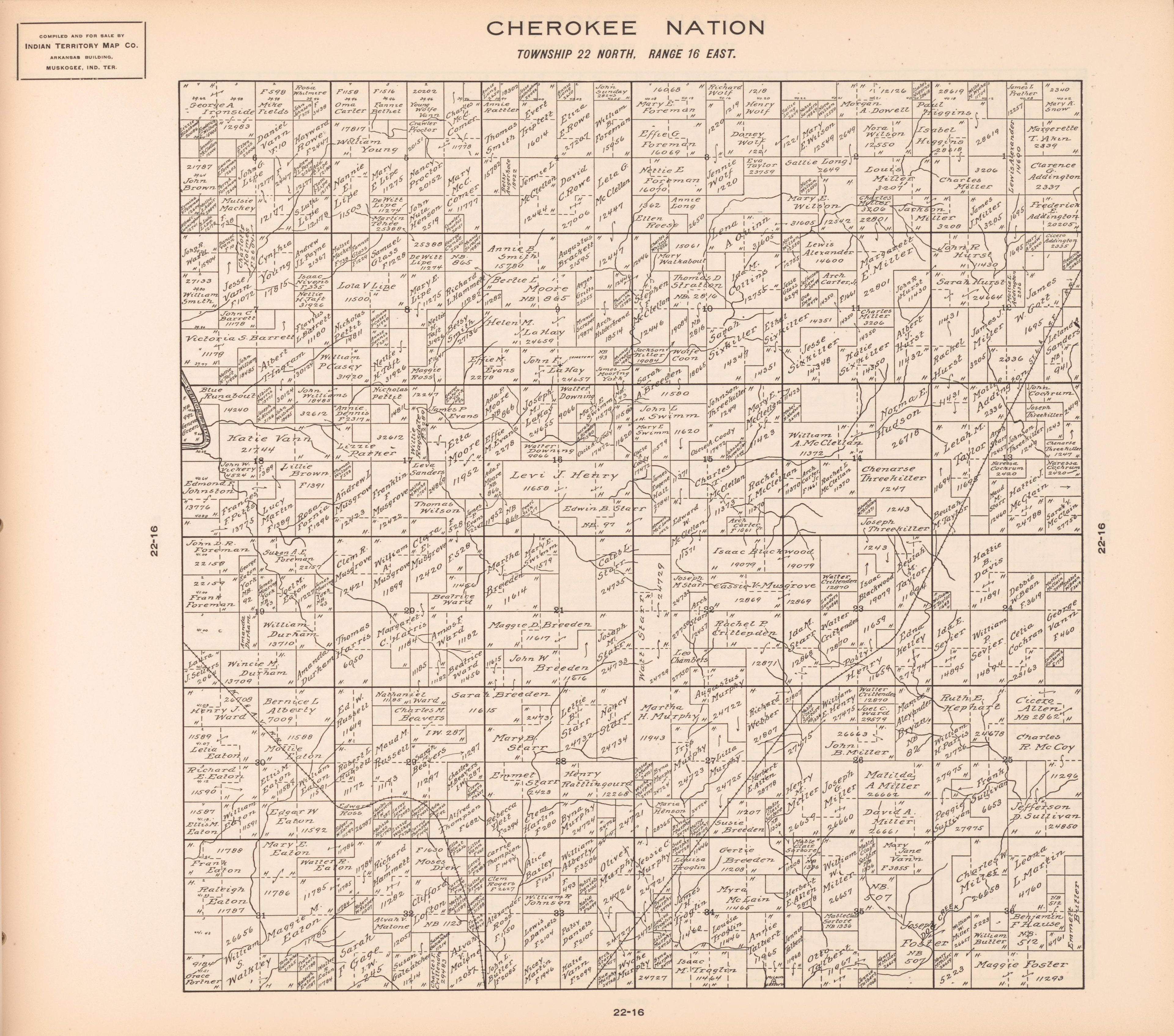 Township 22 North, Range 16 East from Cherokee Nation 1909 by Relic Map Company