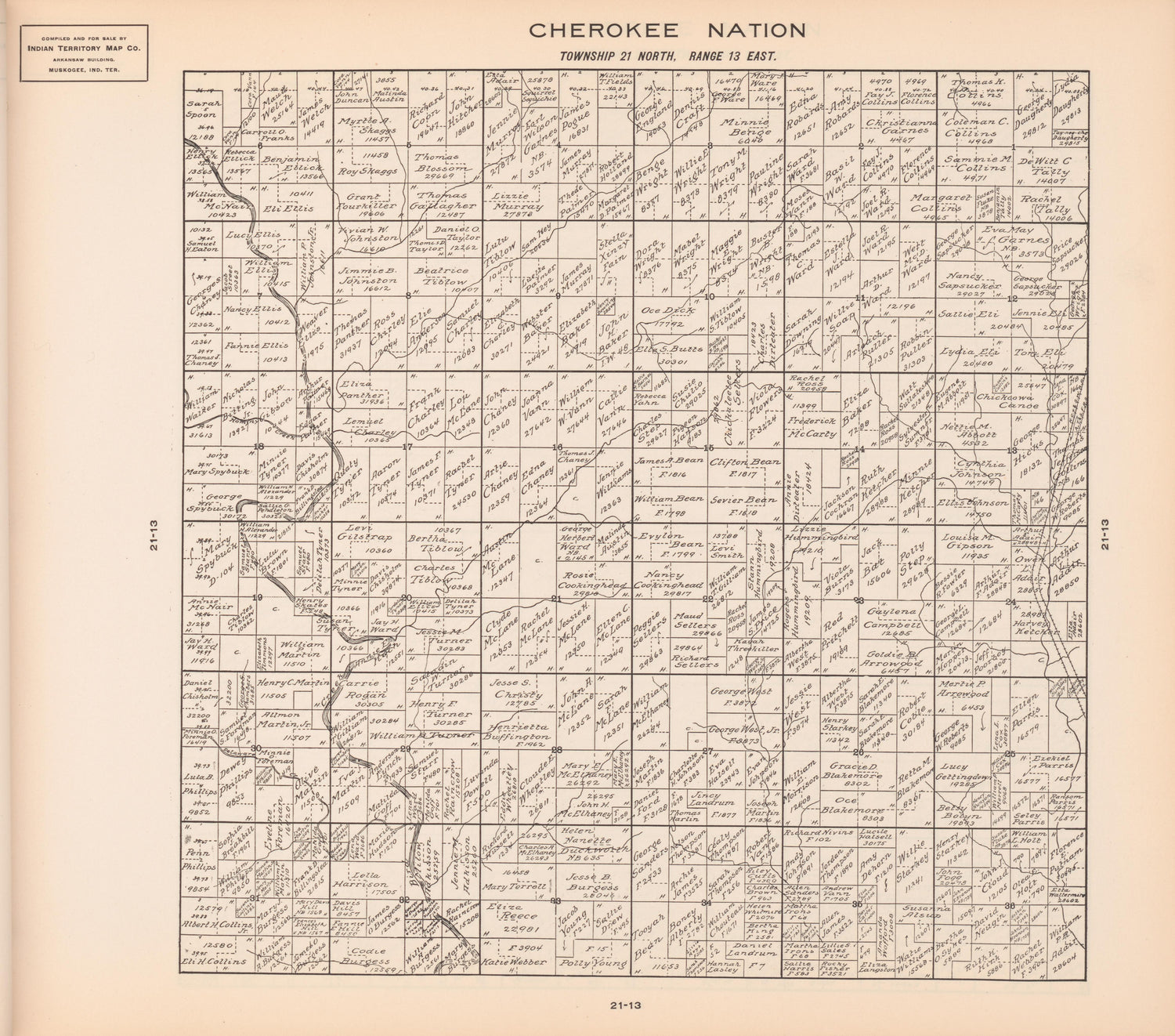 Township 21 North, Range 13 East from Cherokee Nation 1909 by Relic Map Company