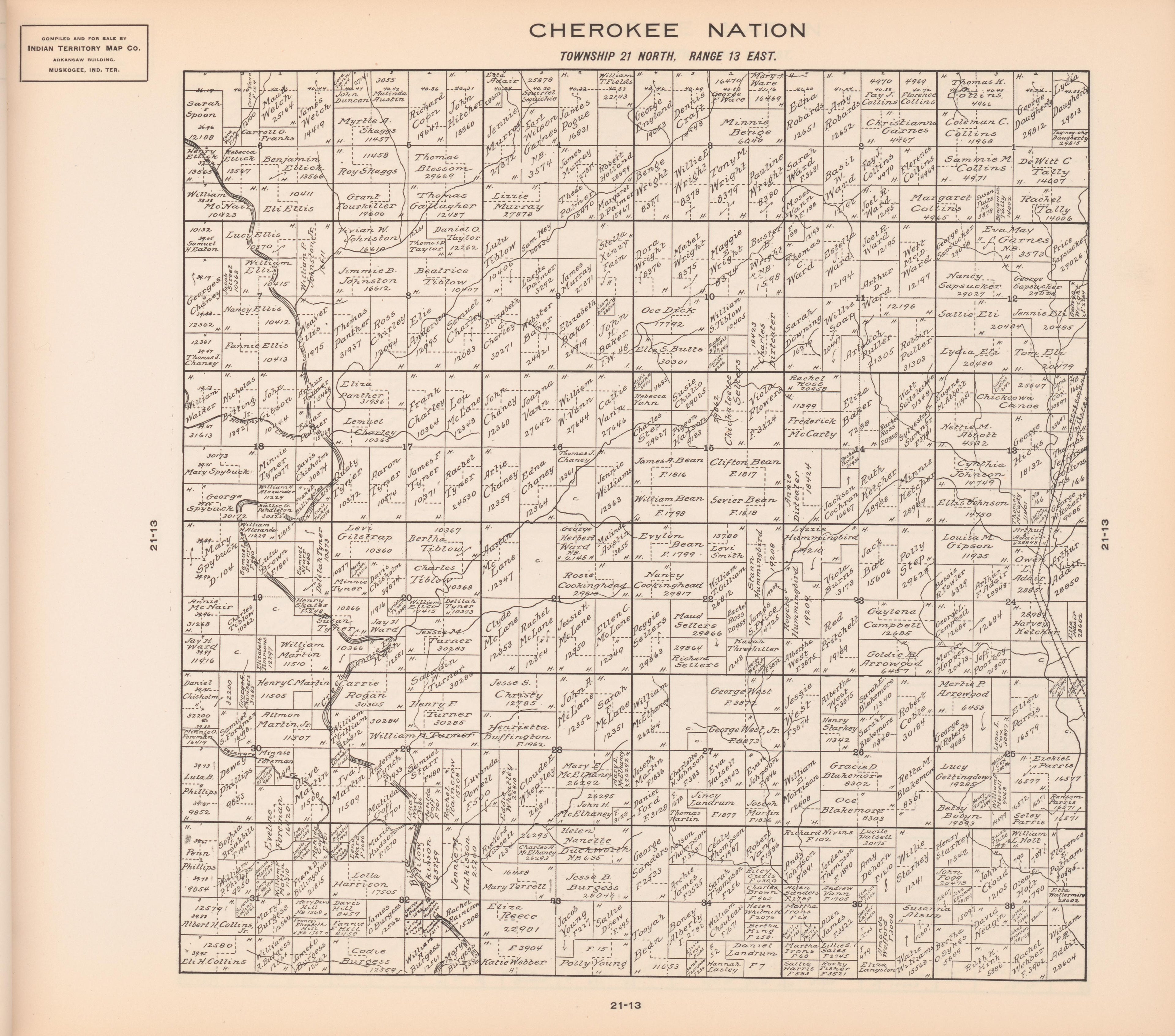Township 21 North, Range 13 East from Cherokee Nation 1909 by Relic Map Company