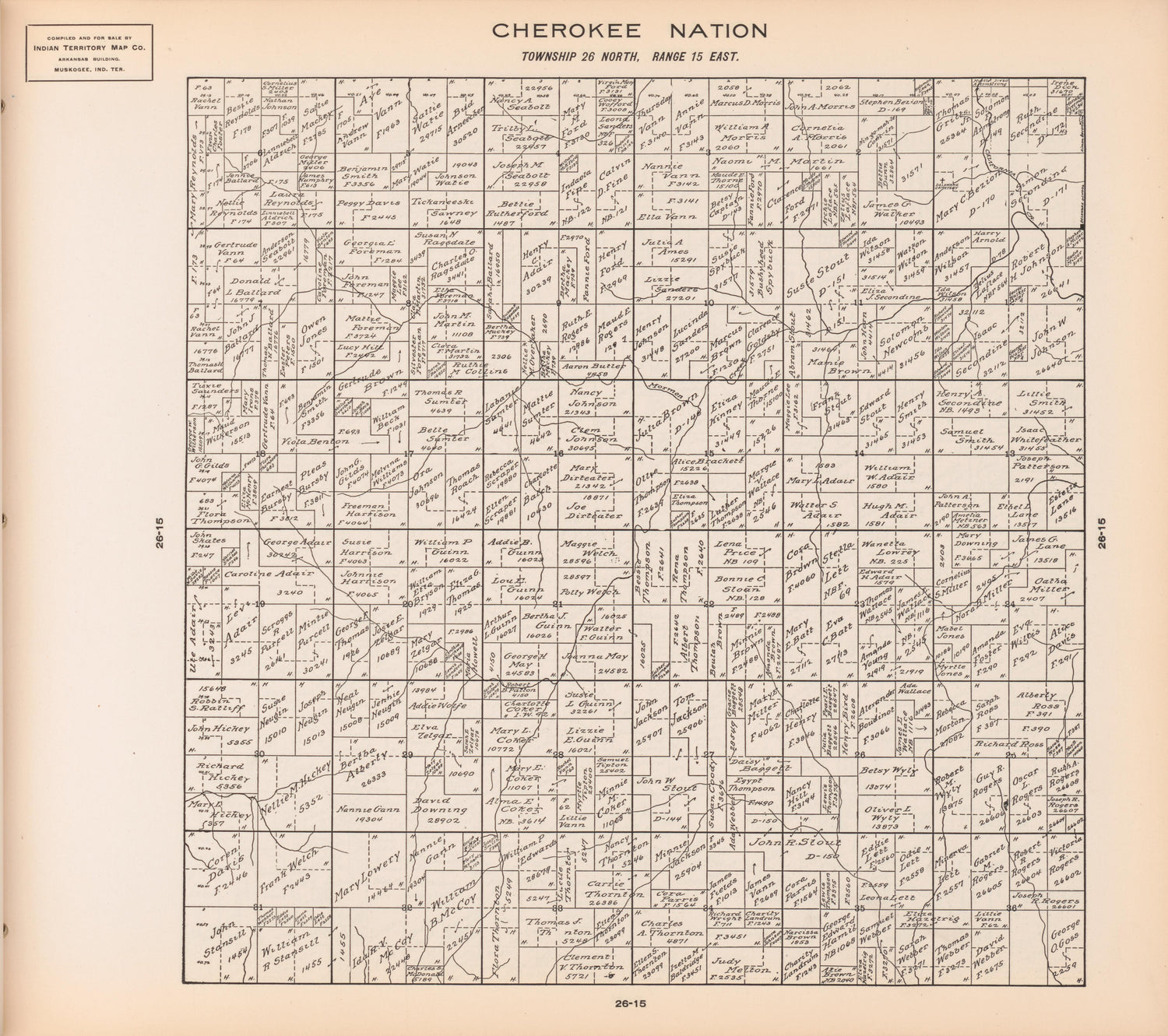 Township 26 North, Range 15 East from Cherokee Nation 1909 by Relic Map Company