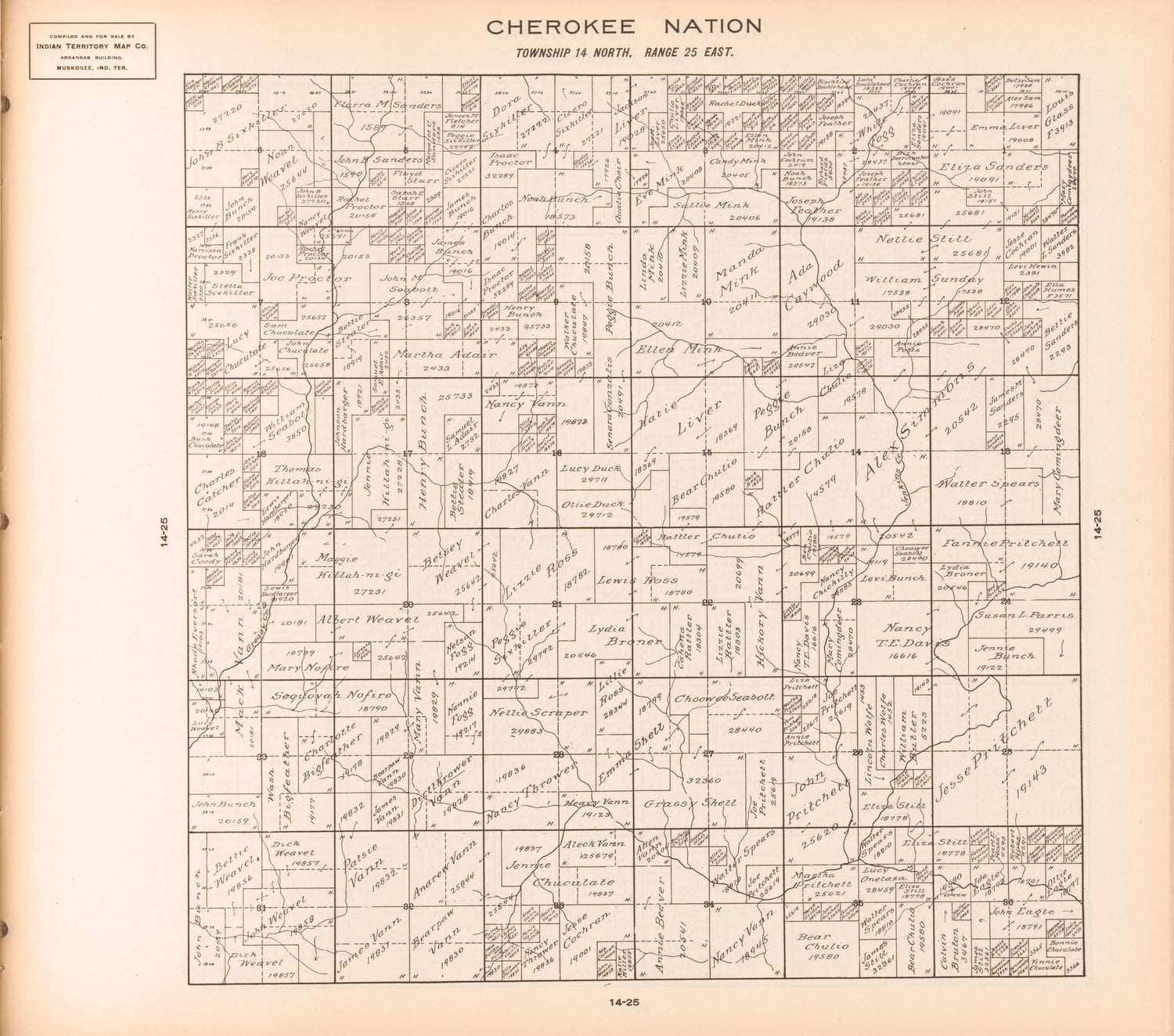 Township 14 North, Range 25 East from Cherokee Nation 1909 by Relic Map Company