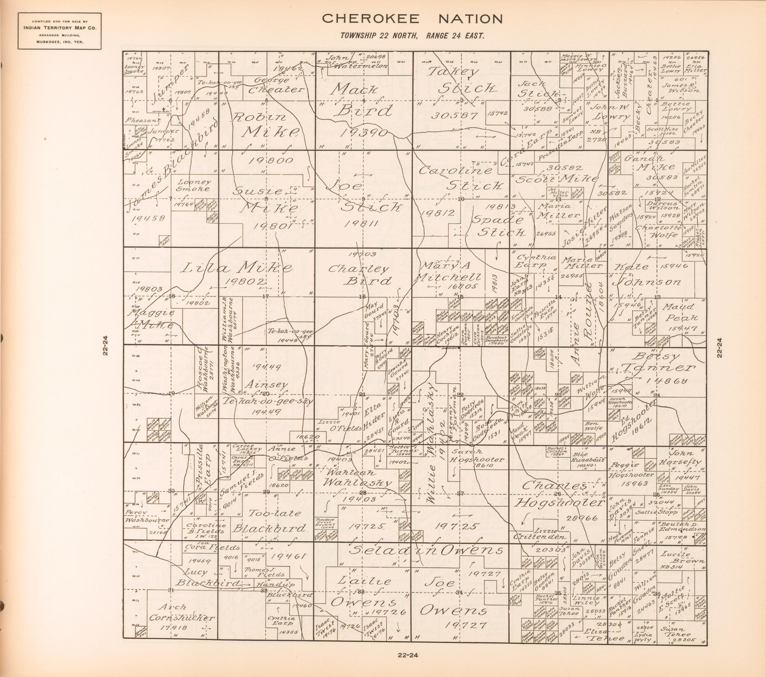 Township 22 North, Range 24 East from Cherokee Nation 1909 by Relic Map Company