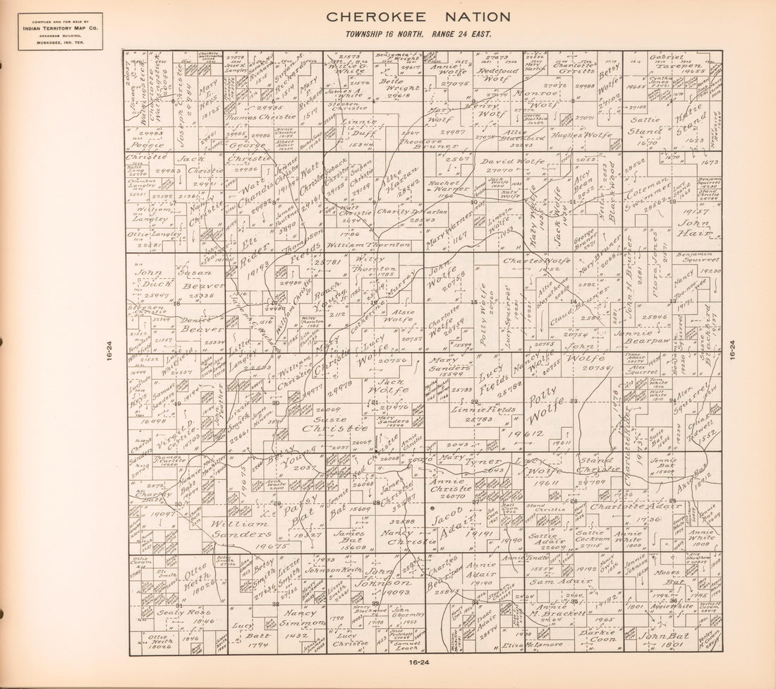 Township 16 North, Range 24 East from Cherokee Nation 1909 by Relic Map Company
