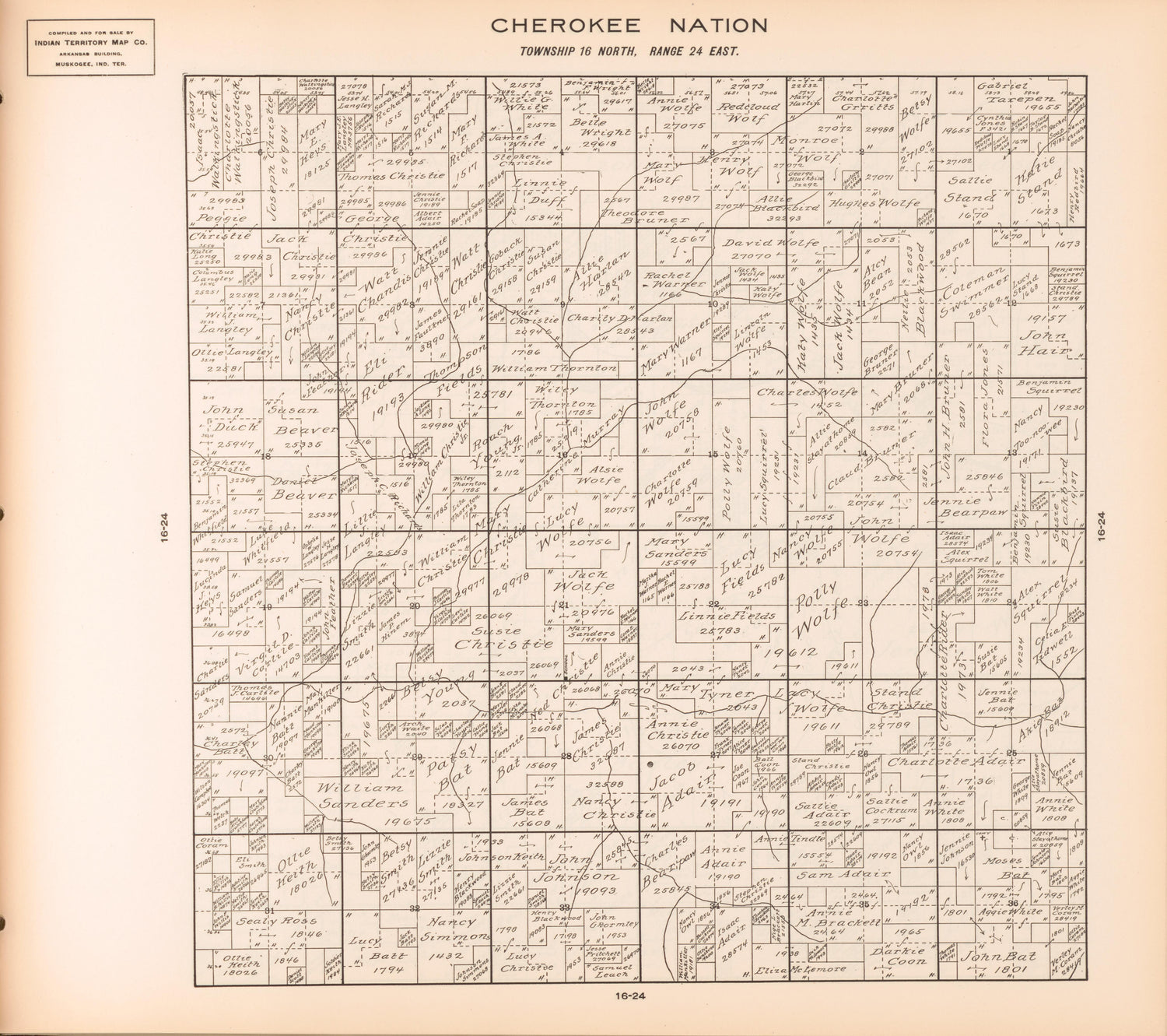 Township 16 North, Range 24 East from Cherokee Nation 1909 by Relic Map Company