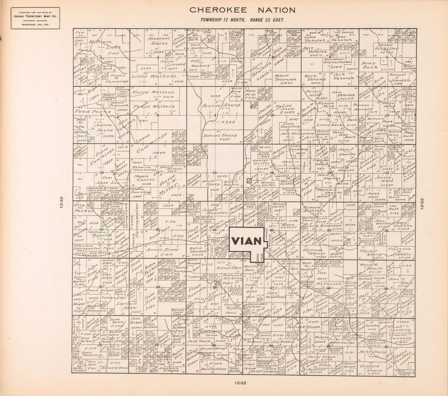 Township 12 North, Range 22 East from Cherokee Nation 1909 by Relic Map Company