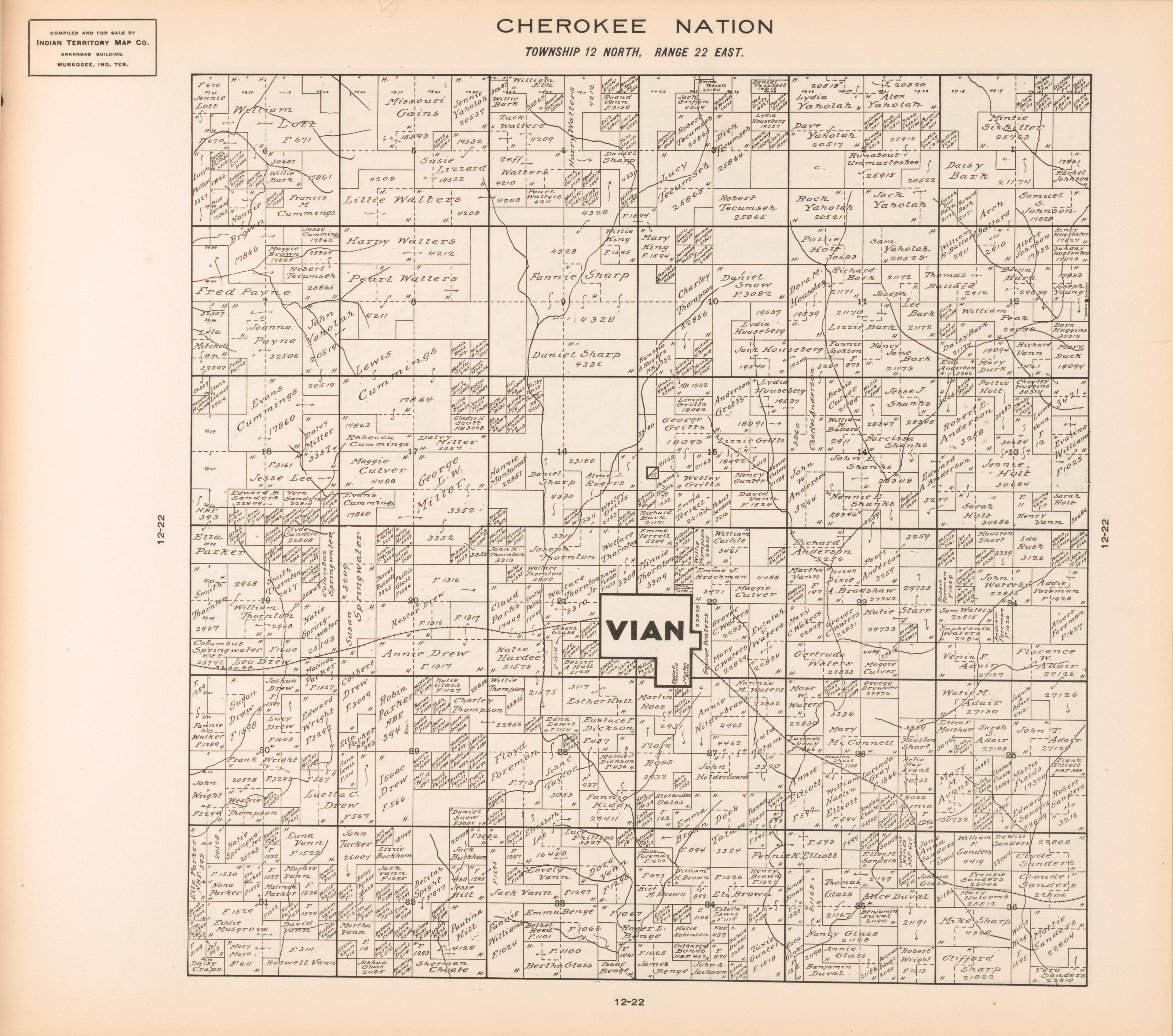Township 12 North, Range 22 East from Cherokee Nation 1909 by Relic Map Company
