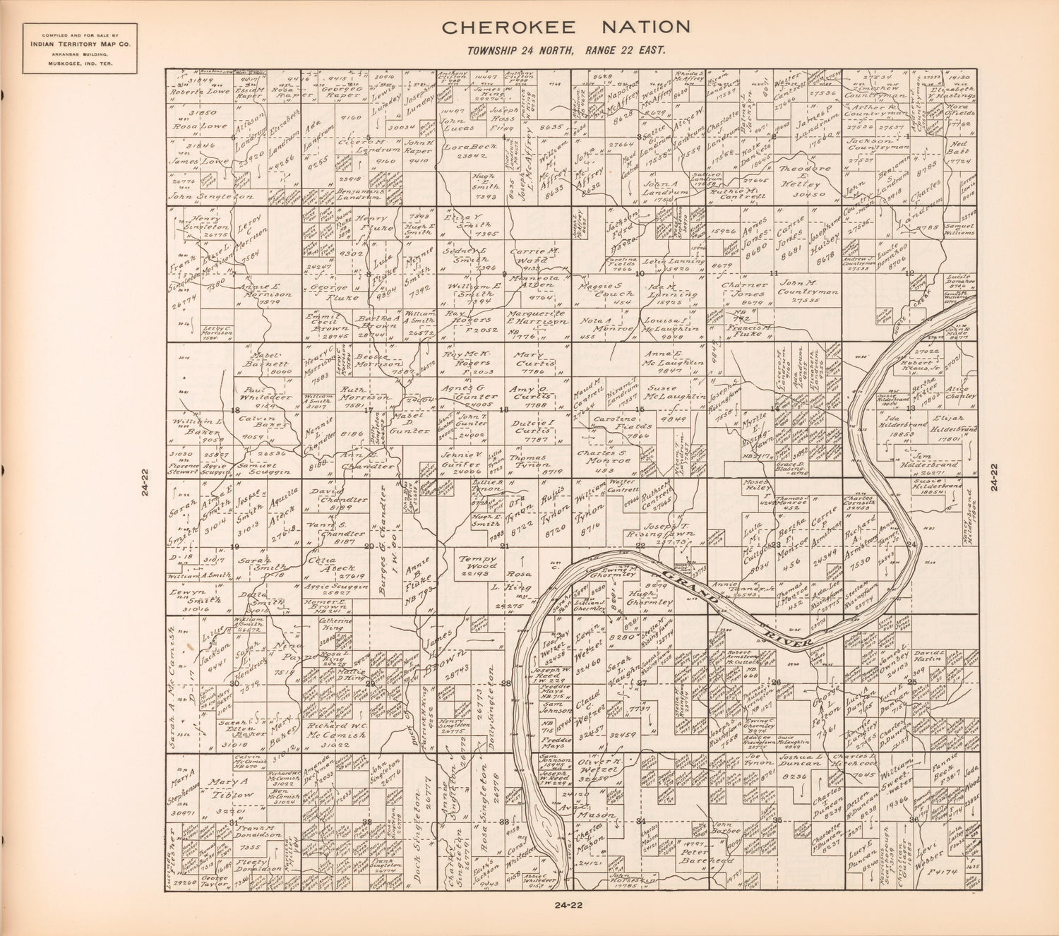 Township 24 North, Range 22 East from Cherokee Nation 1909 by Relic Map Company