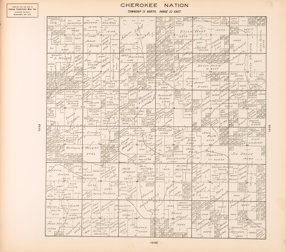 Township 13 North, Range 22 East from Cherokee Nation 1909 by Relic Map Company