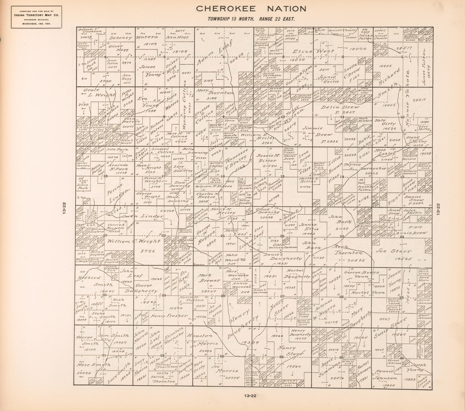 Township 13 North, Range 22 East from Cherokee Nation 1909 by Relic Map Company