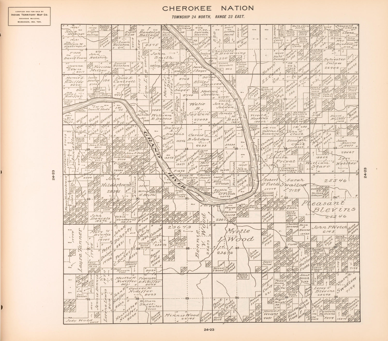 Township 24 North, Range 23 East from Cherokee Nation 1909 by Relic Map Company
