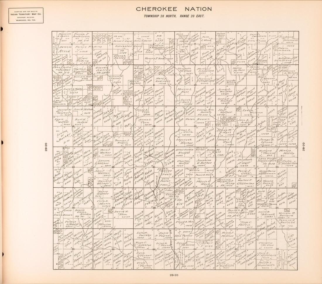 Township 28 North, Range 20 East from Cherokee Nation 1909 by Relic Map Company