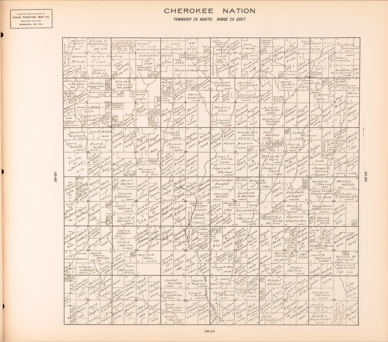 Township 28 North, Range 20 East from Cherokee Nation 1909 by Relic Map Company