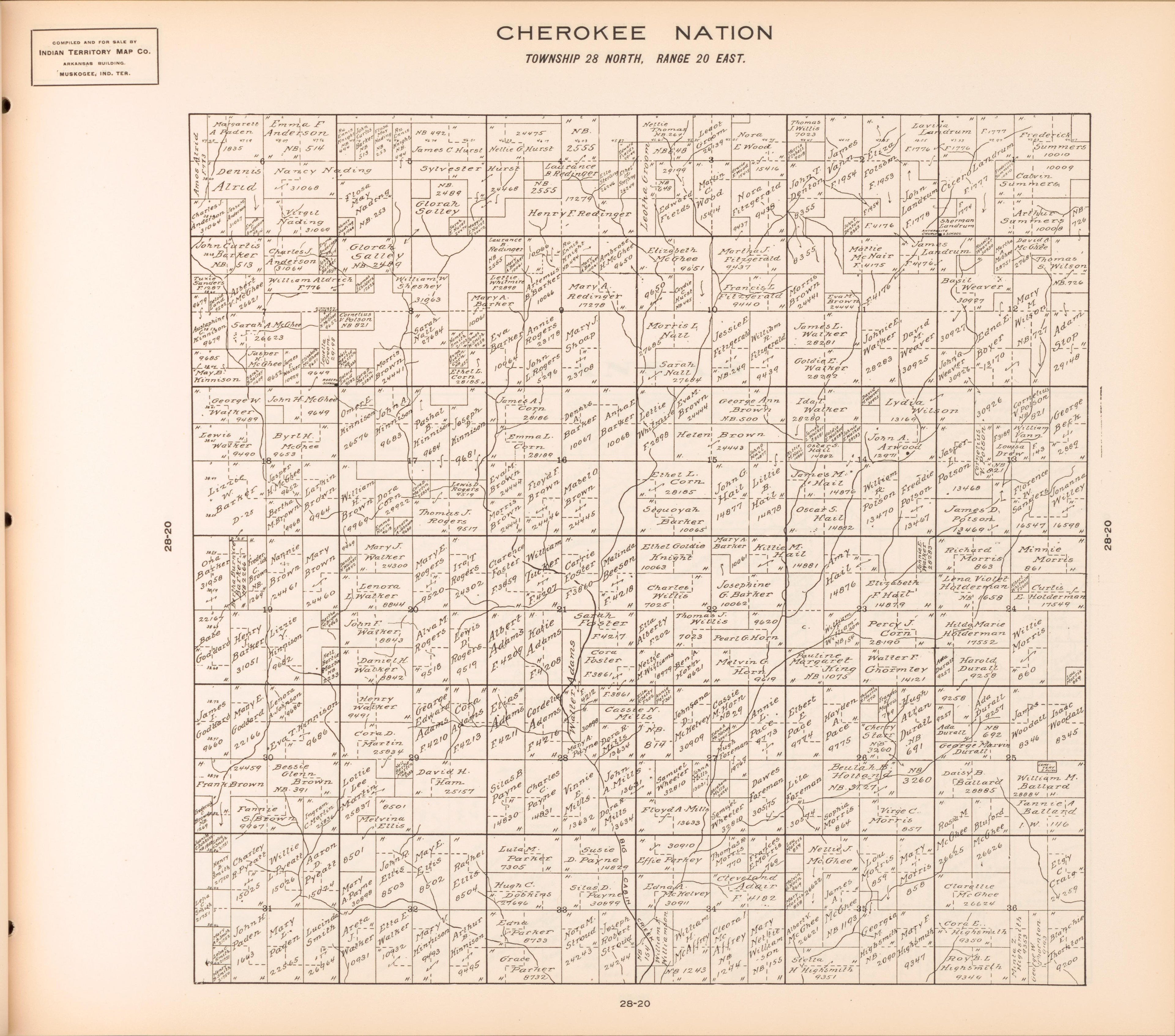 Township 28 North, Range 20 East from Cherokee Nation 1909 by Relic Map Company