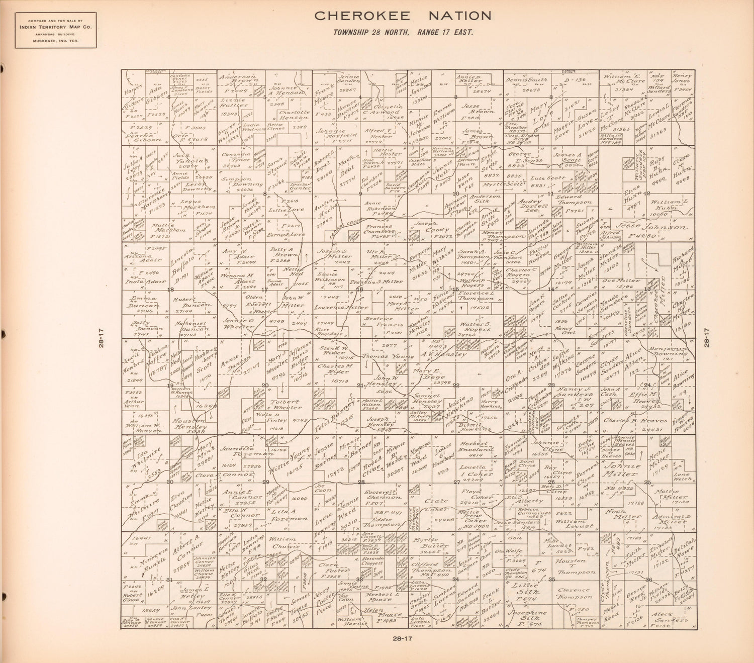 Township 28 North, Range 17 East from Cherokee Nation 1909 by Relic Map Company
