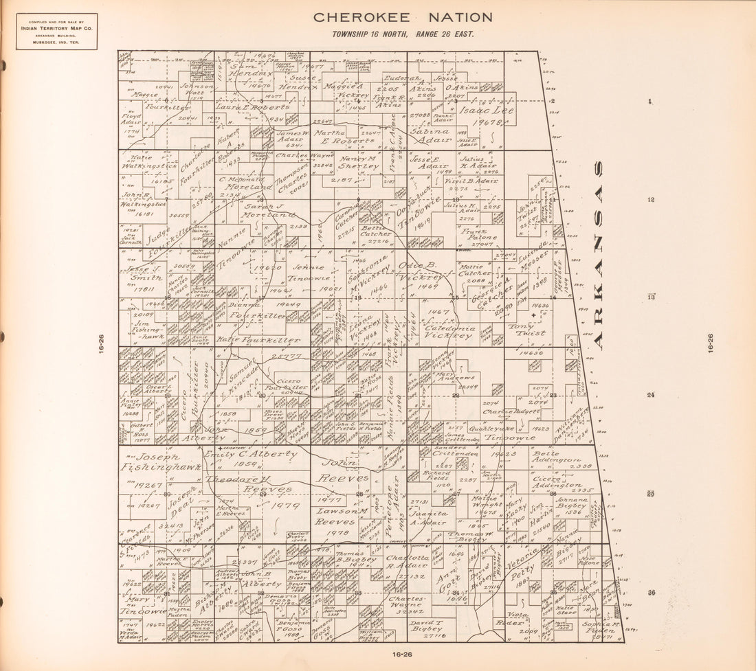 Township 16 North, Range 26 East from Cherokee Nation 1909 by Relic Map Company