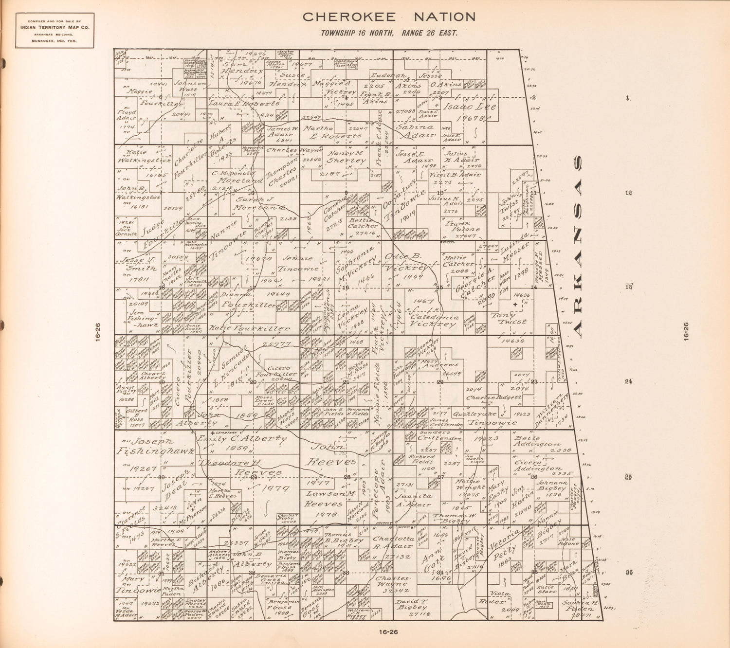 Township 16 North, Range 26 East from Cherokee Nation 1909 by Relic Map Company