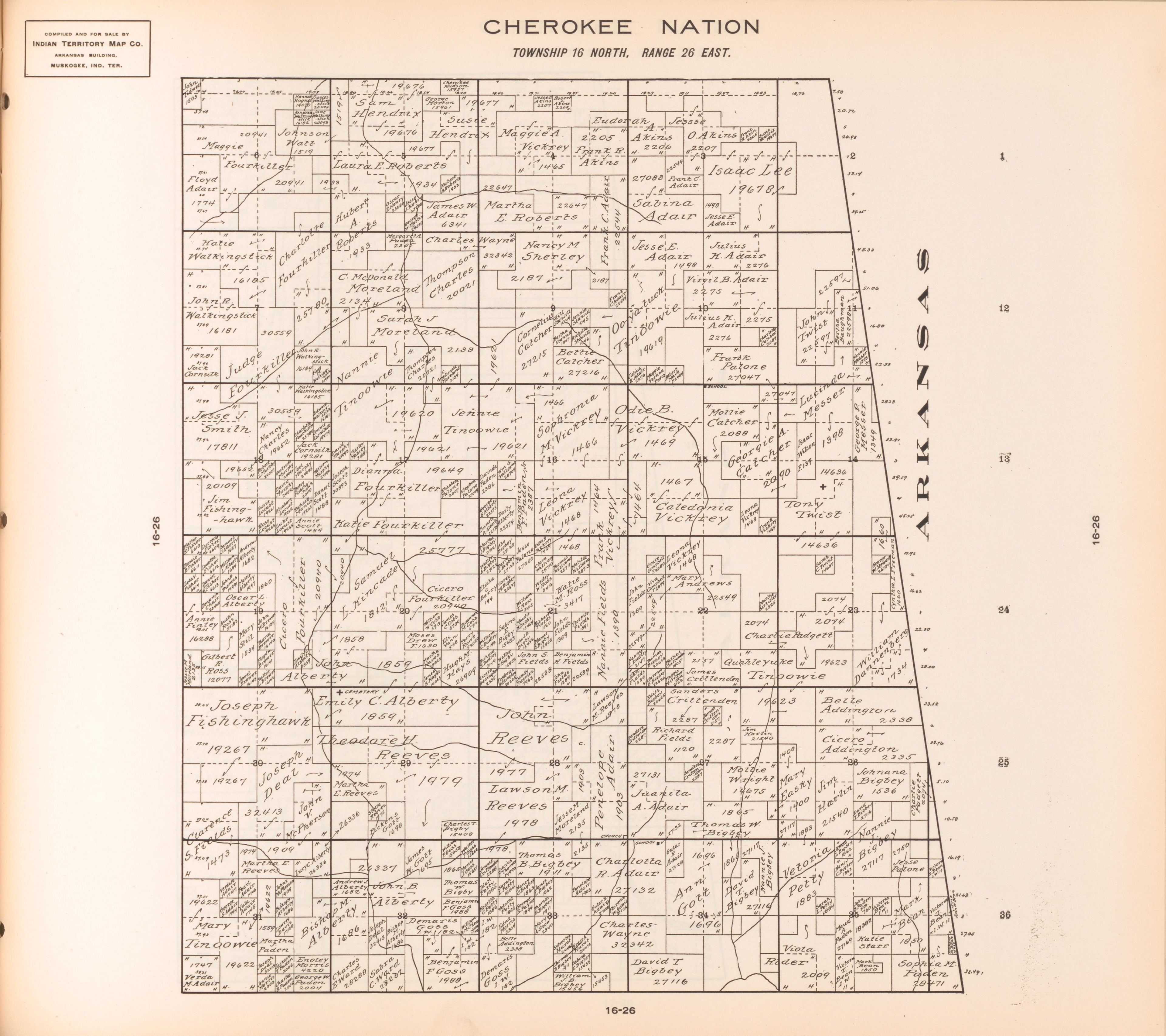 Township 16 North, Range 26 East from Cherokee Nation 1909 by Relic Map Company