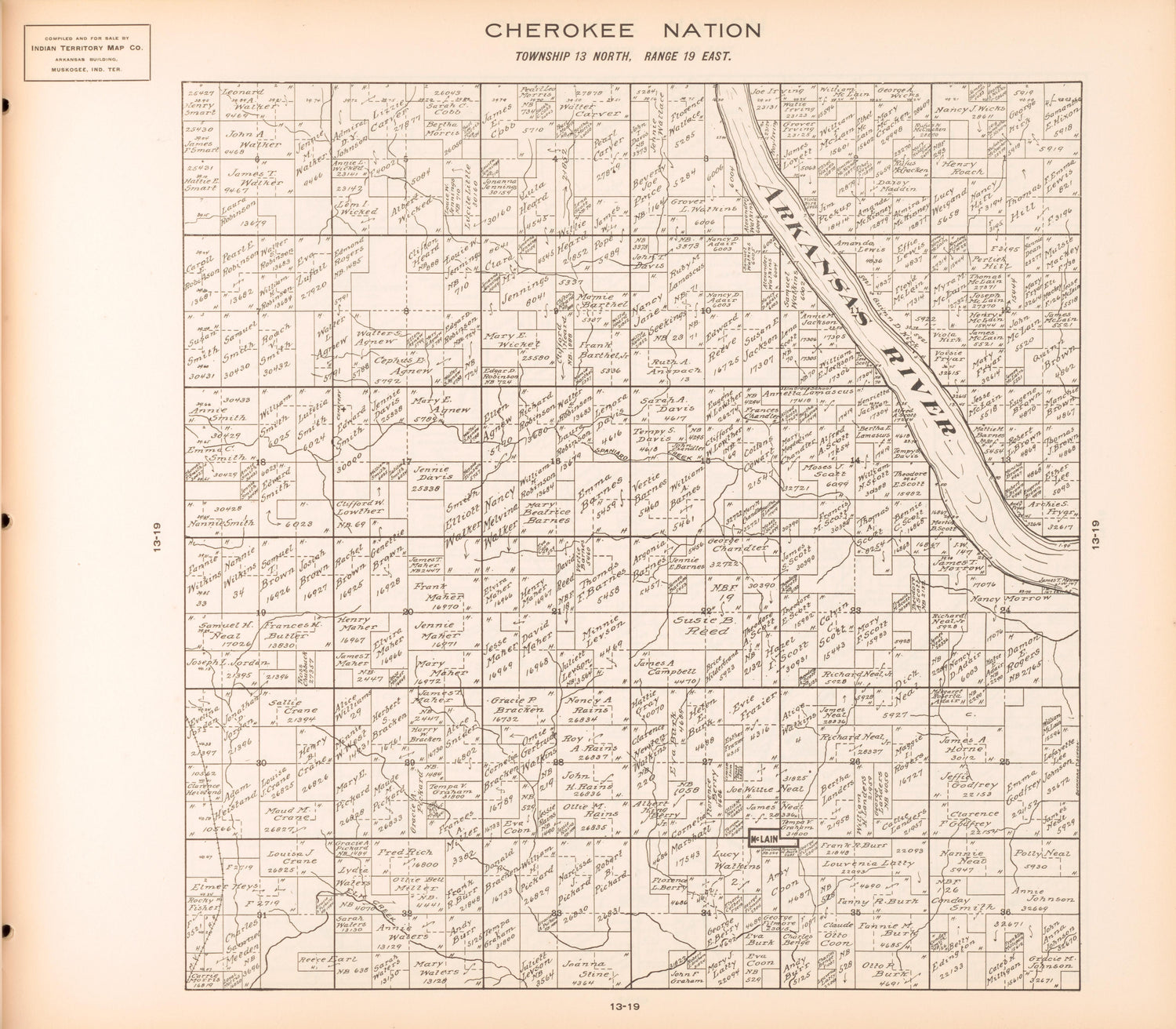 Township 13 North, Range 19 East from Cherokee Nation 1909 by Relic Map Company