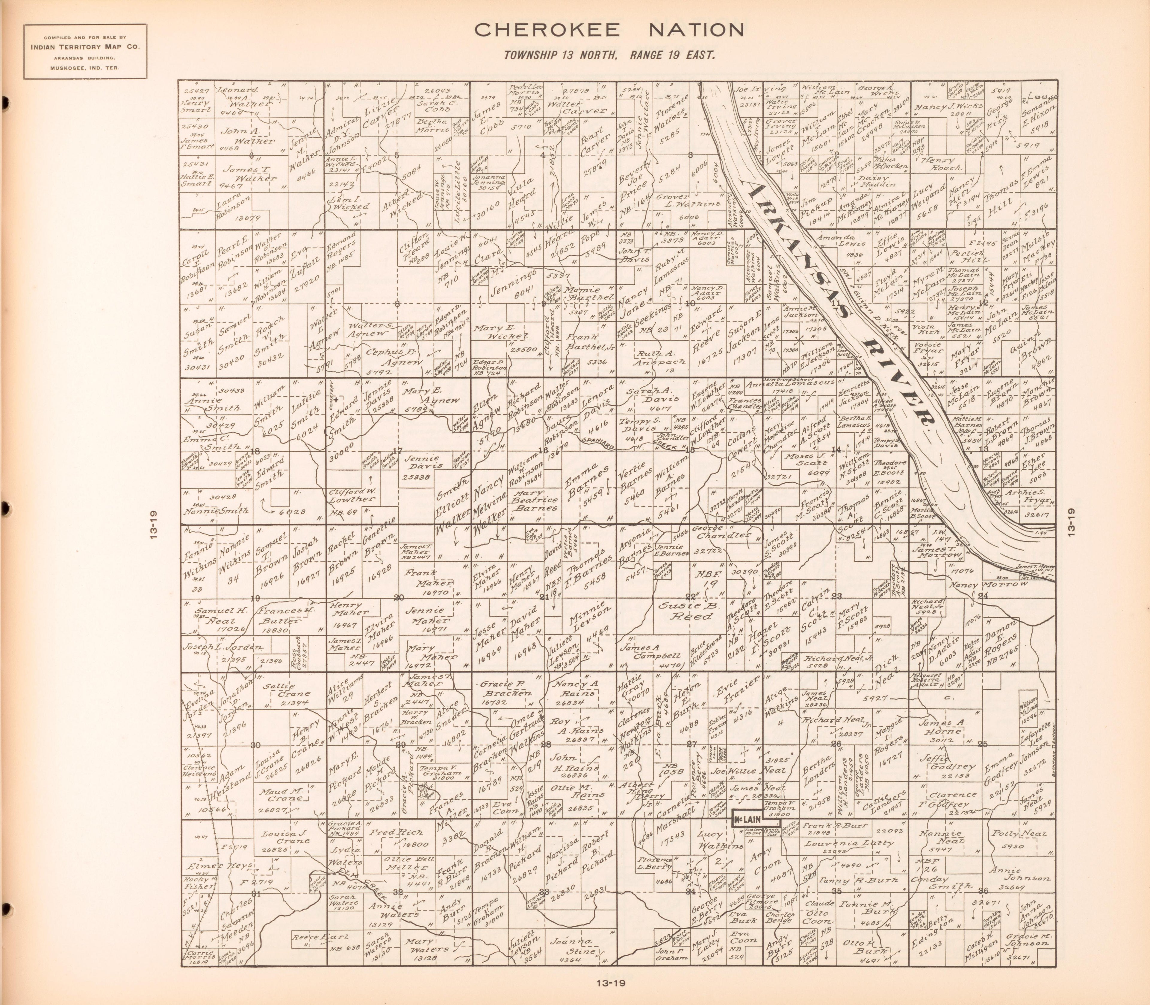 Township 13 North, Range 19 East from Cherokee Nation 1909 by Relic Map Company