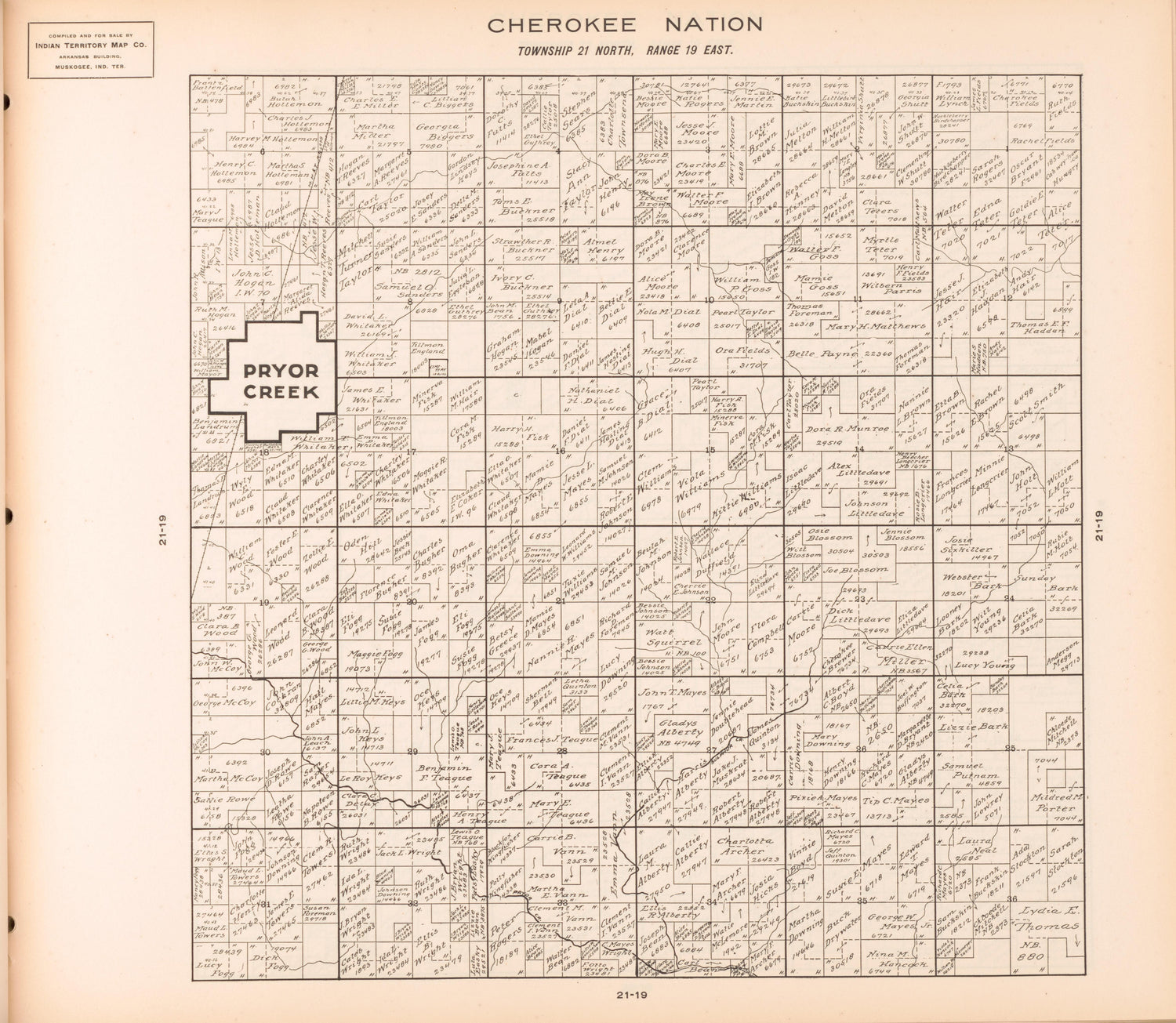 Township 21 North, Range 19 East from Cherokee Nation 1909 by Relic Map Company