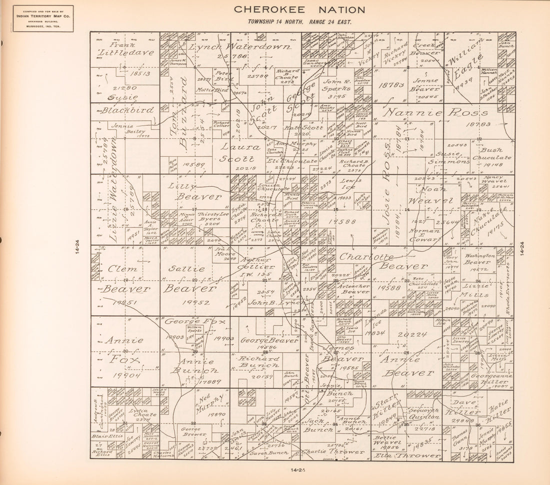 Township 14 North, Range 24 East from Cherokee Nation 1909 by Relic Map Company