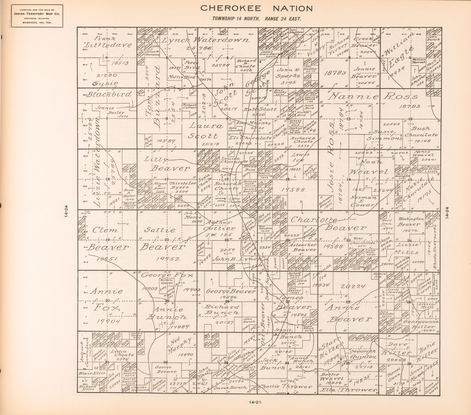 Township 14 North, Range 24 East from Cherokee Nation 1909 by Relic Map Company