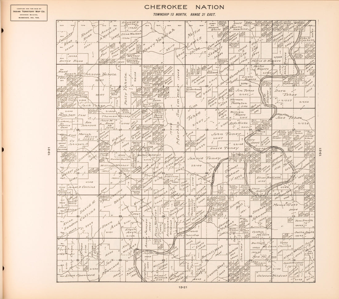 Township 13 North, Range 21 East from Cherokee Nation 1909 by Relic Map Company