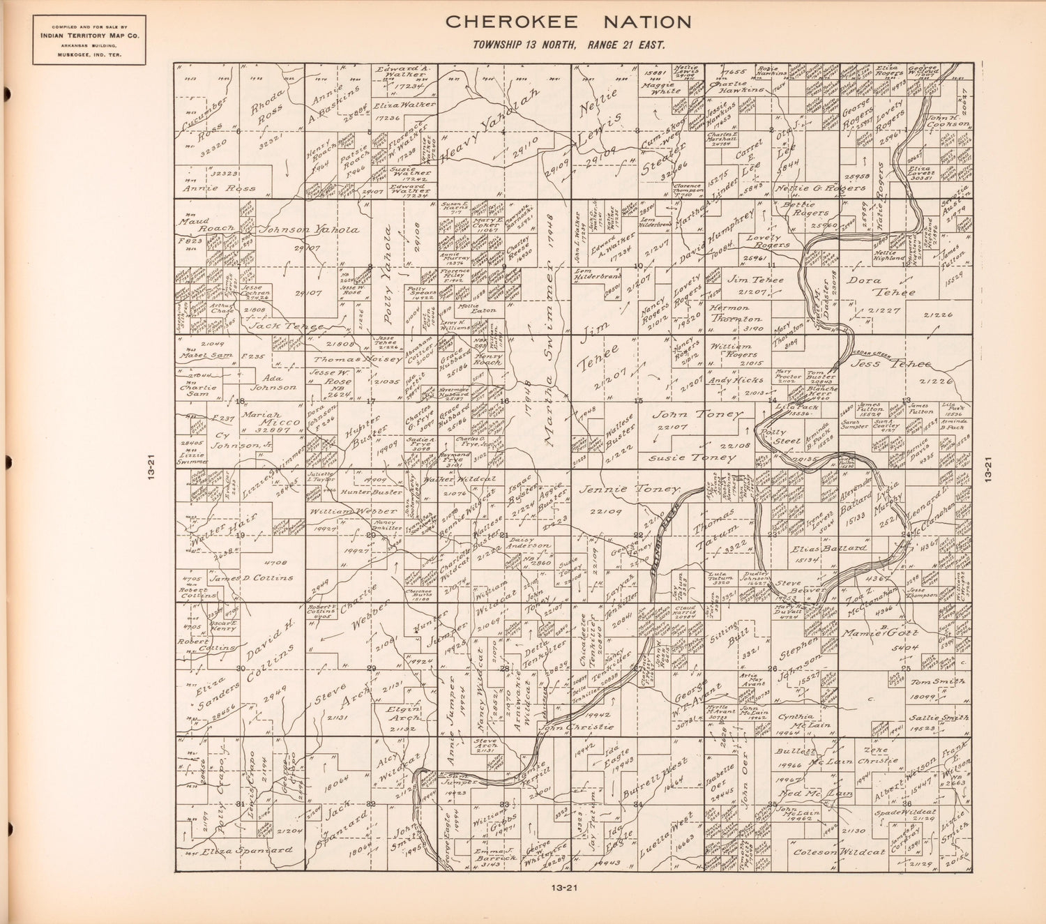Township 13 North, Range 21 East from Cherokee Nation 1909 by Relic Map Company