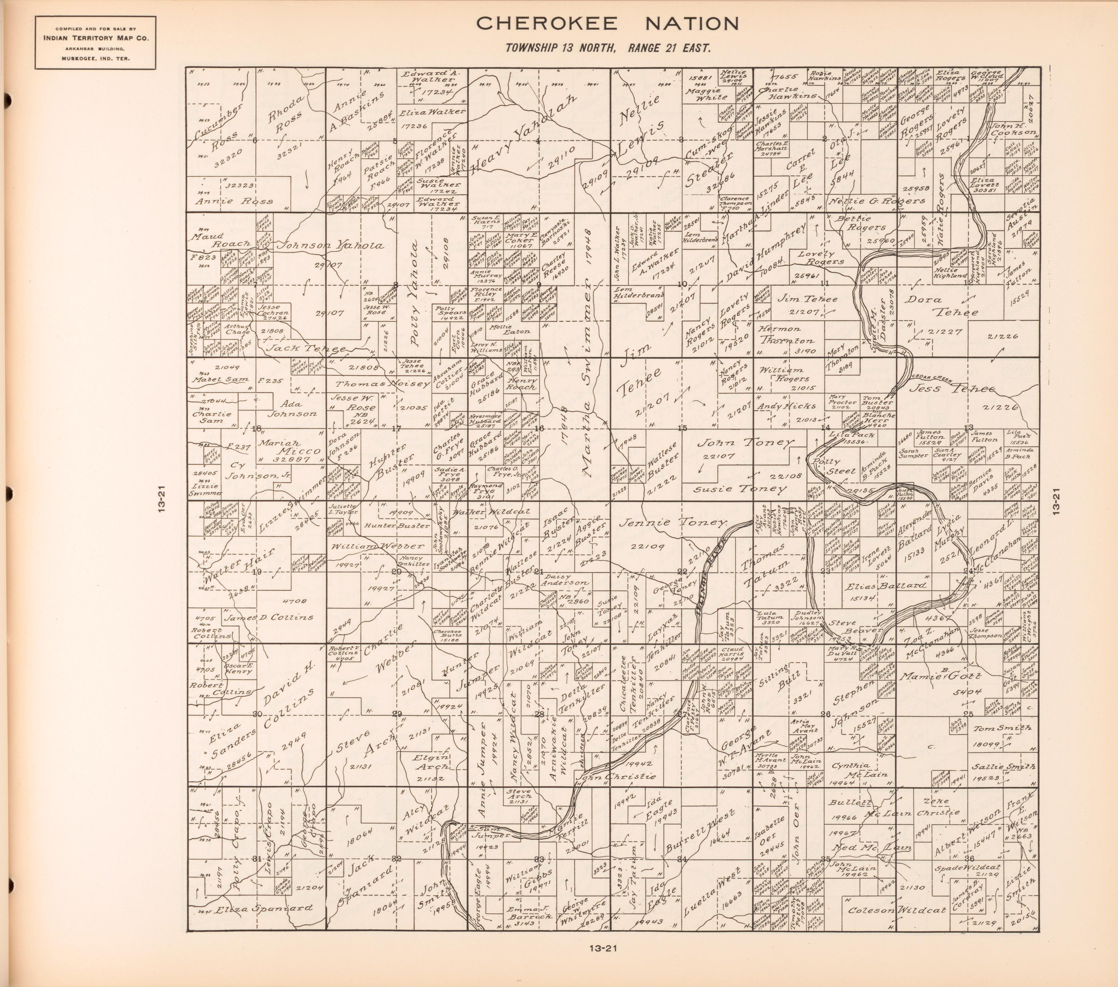 Township 13 North, Range 21 East from Cherokee Nation 1909 by Relic Map Company