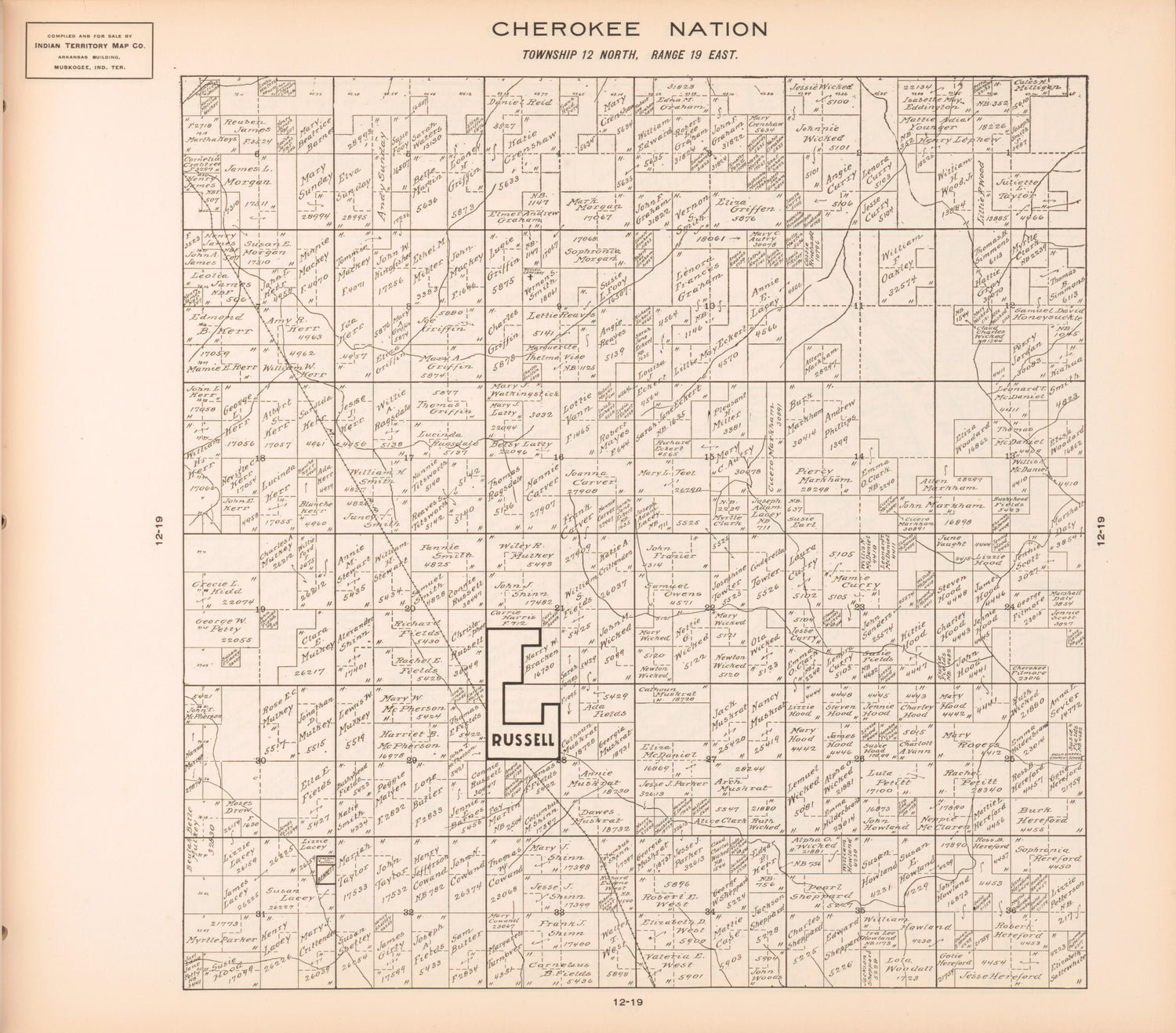 Township 12 North, Range 19 East from Cherokee Nation 1909 by Relic Map Company
