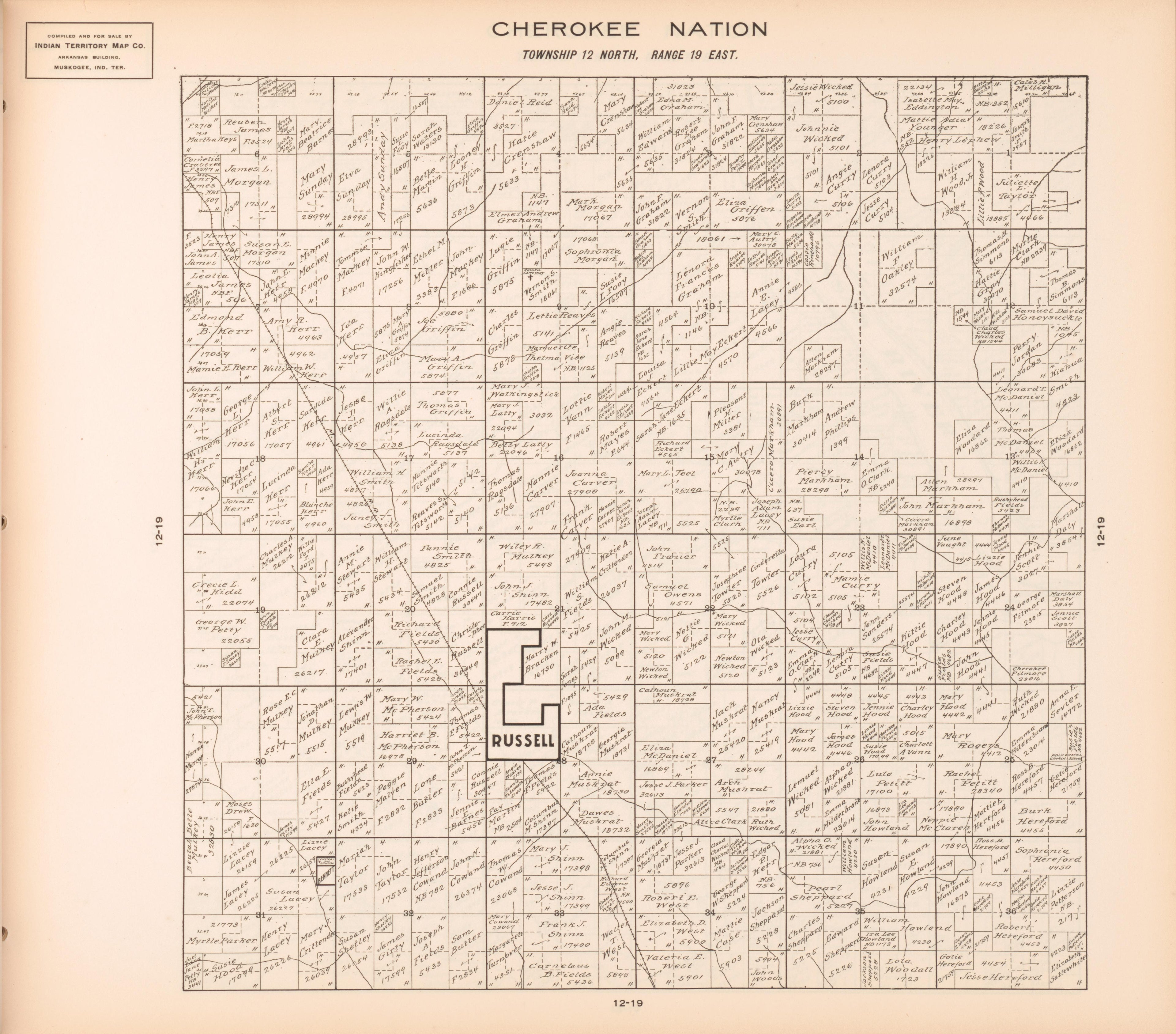 Township 12 North, Range 19 East from Cherokee Nation 1909 by Relic Map Company