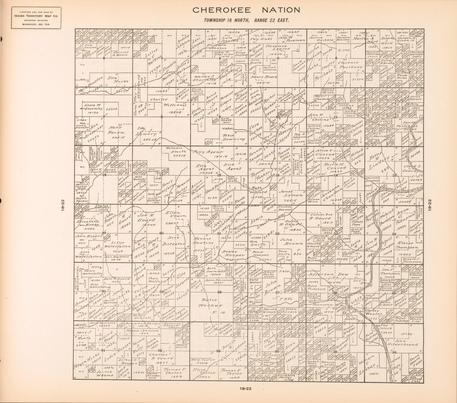 Township 18 North, Range 22 East from Cherokee Nation 1909 by Relic Map Company