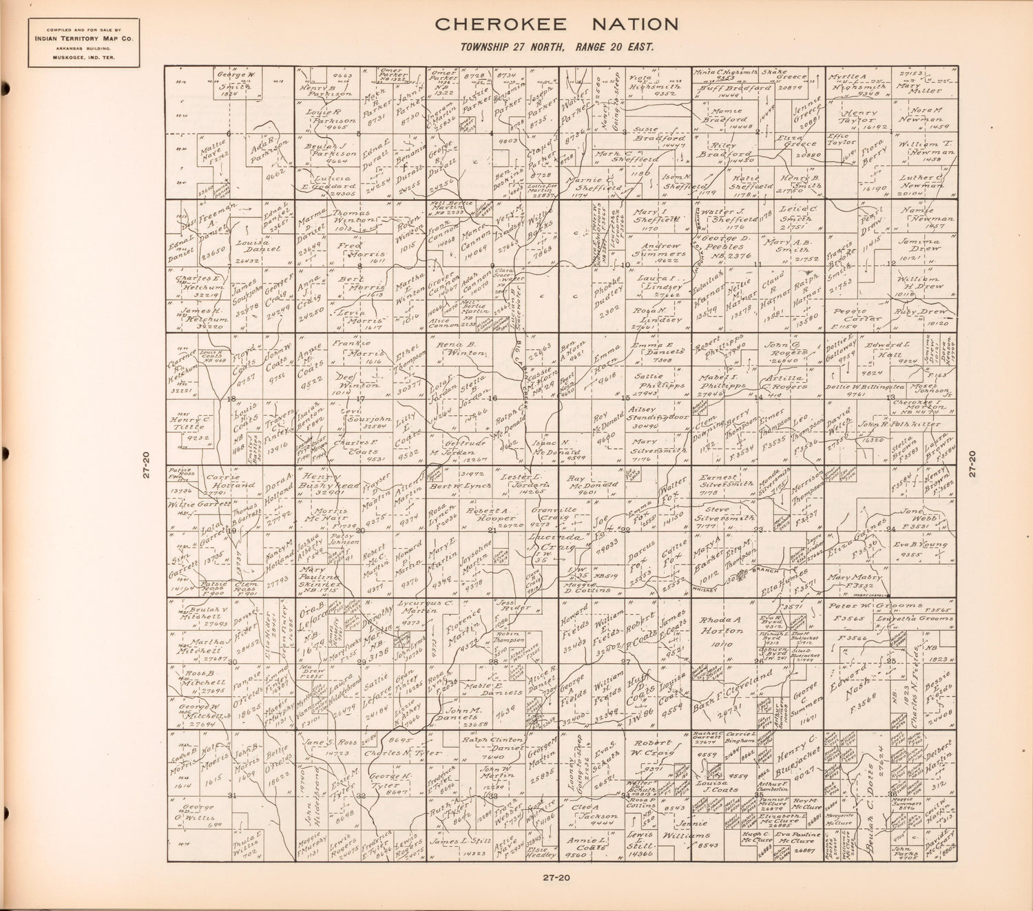 Township 27 North, Range 20 East from Cherokee Nation 1909 by Relic Map Company