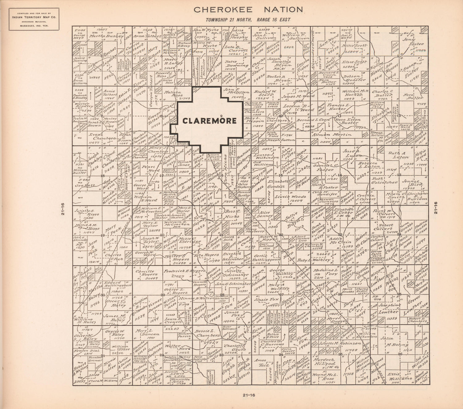 Township 21 North, Range 16 East from Cherokee Nation 1909 by Relic Map Company